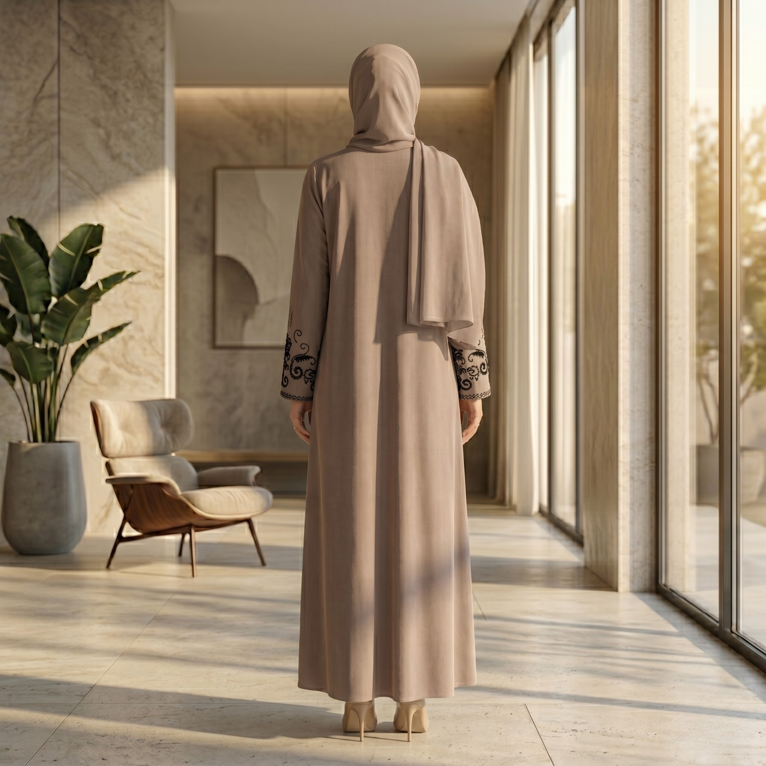 Beige Embroidered Sleeves Abaya with Hidden Zipper – Turkish Abaya