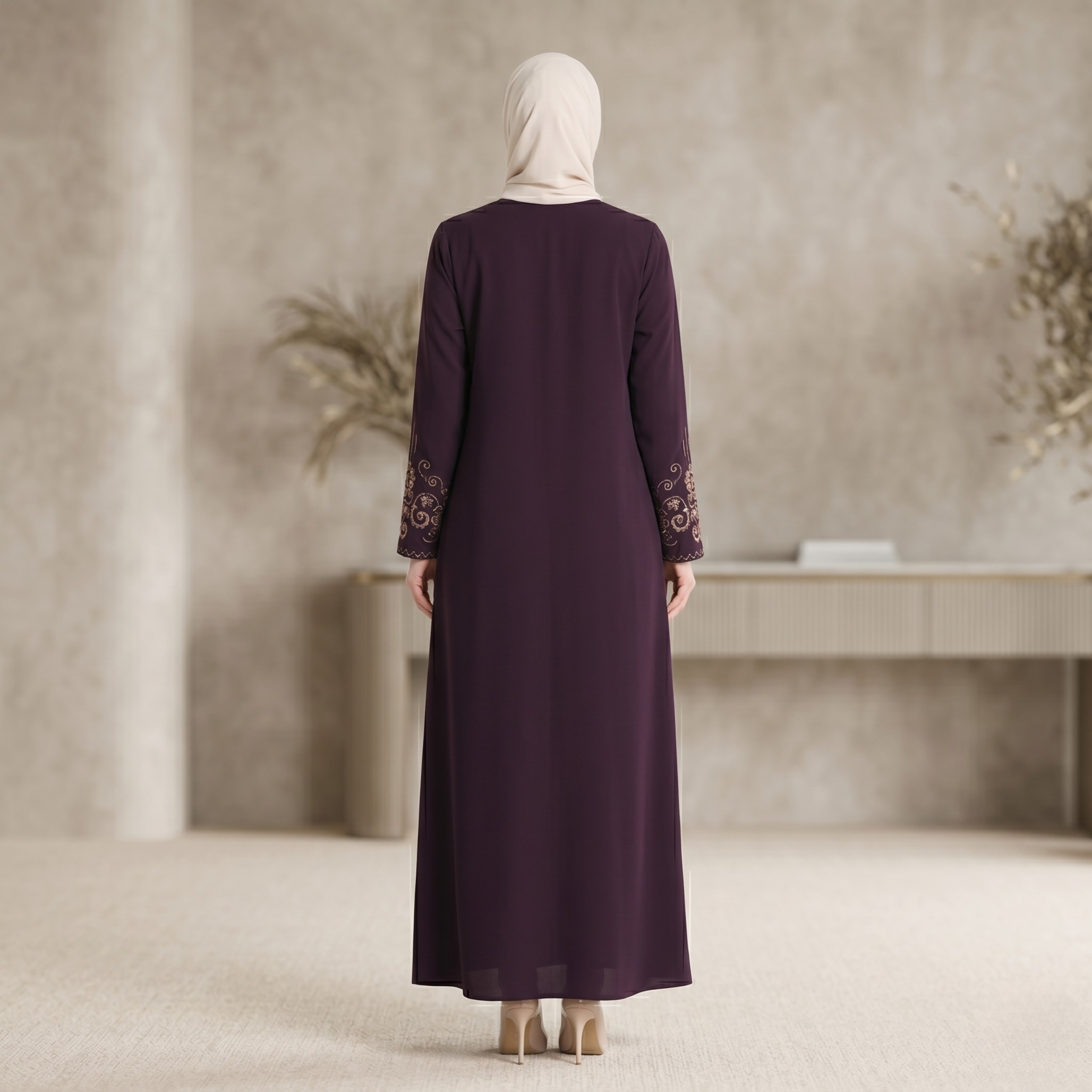 Purple Embroidered Sleeves Abaya with Hidden Zipper – Turkish Abaya