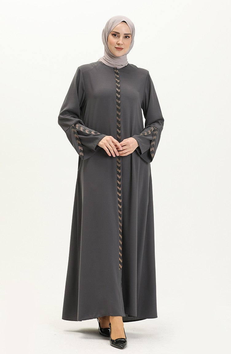 Grey Rhinestone Trim Open Abaya with Bell Sleeves – Turkish Modest Abaya