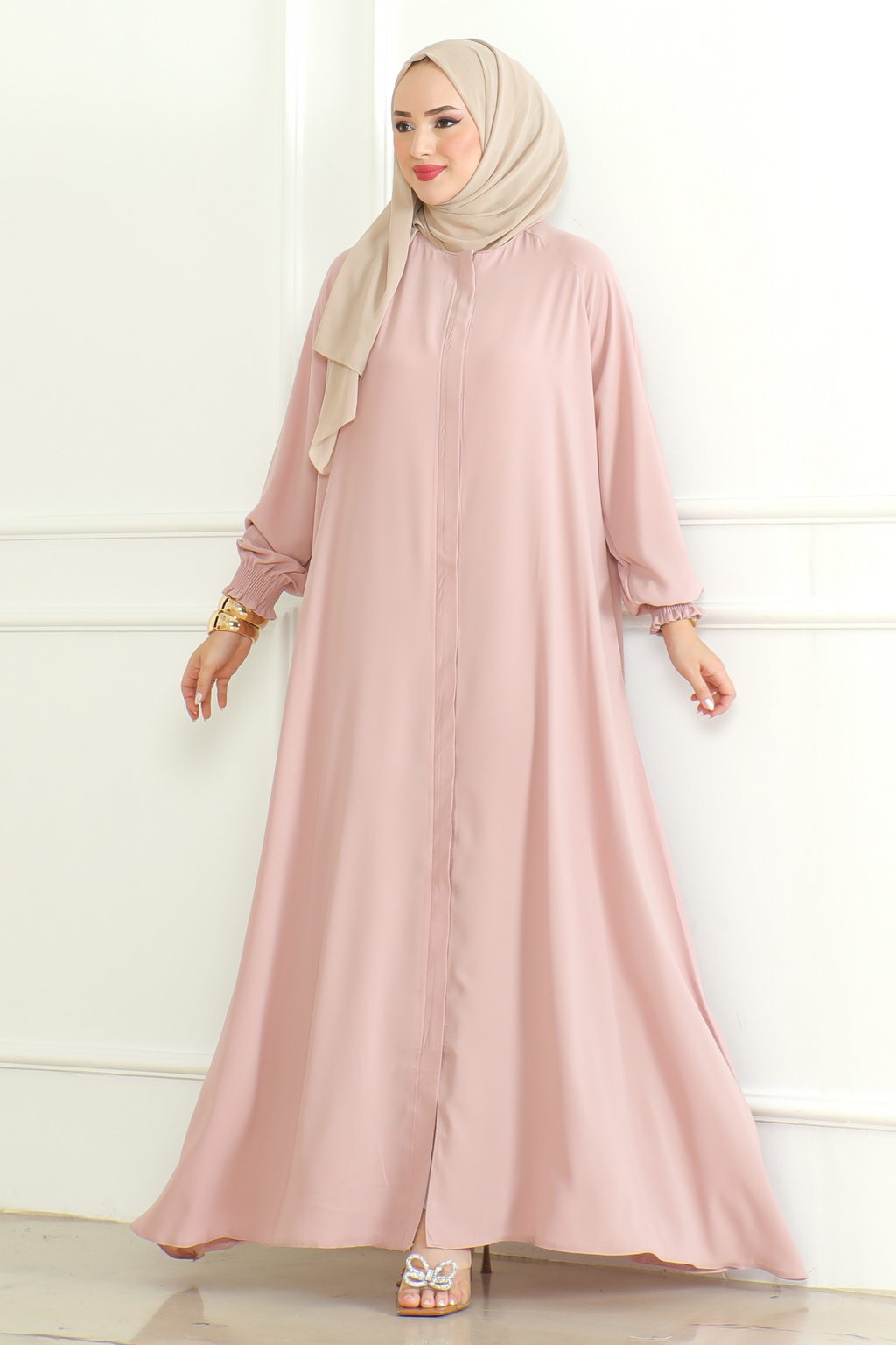 Pink Belted Abaya with Elasticated Cuffs & Front Zipper – Turkish Modest Maxi Dress