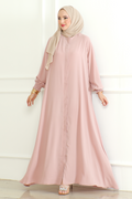 Pink Belted Abaya with Elasticated Cuffs & Front Zipper – Turkish Modest Maxi Dress