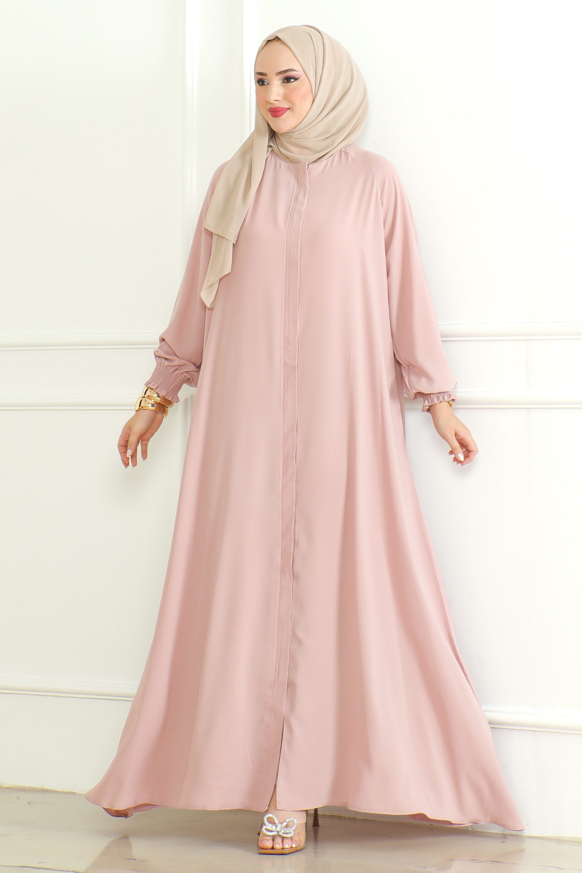 Pink Belted Abaya with Elasticated Cuffs & Front Zipper – Turkish Modest Maxi Dress