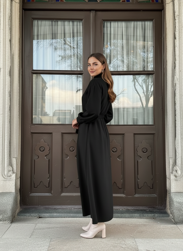 Women’s Belted High-Neck Long Winter Dress