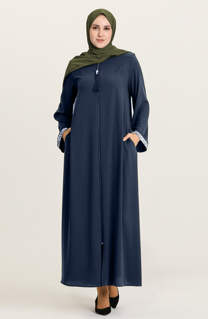 Stone-Trimmed Sleeve Abaya with Front Zipper & Tassel – Turkish Abaya