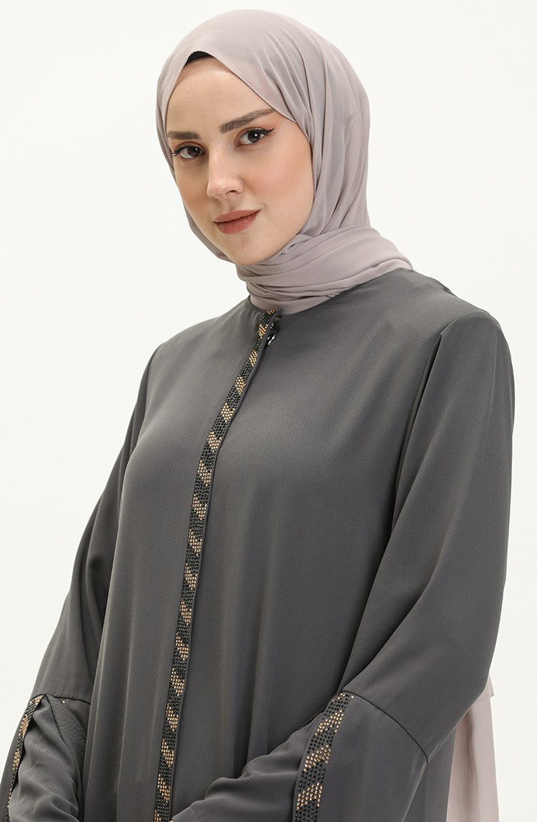 Grey Rhinestone Trim Open Abaya with Bell Sleeves – Turkish Modest Abaya
