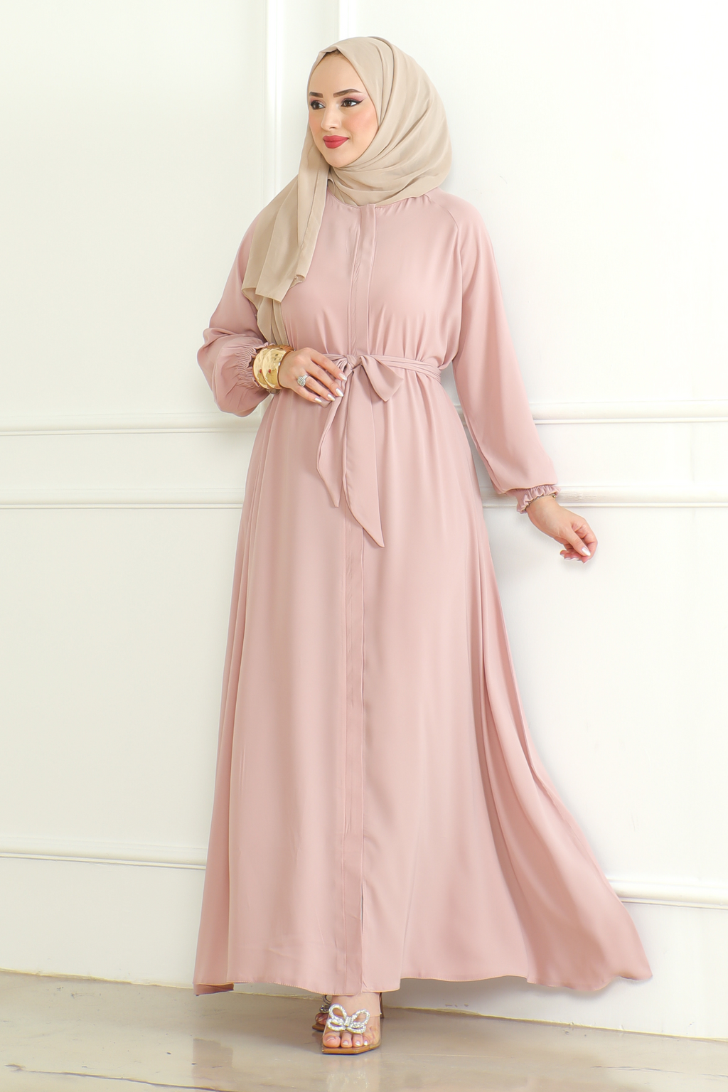 Pink Belted Abaya with Elasticated Cuffs & Front Zipper – Turkish Modest Maxi Dress
