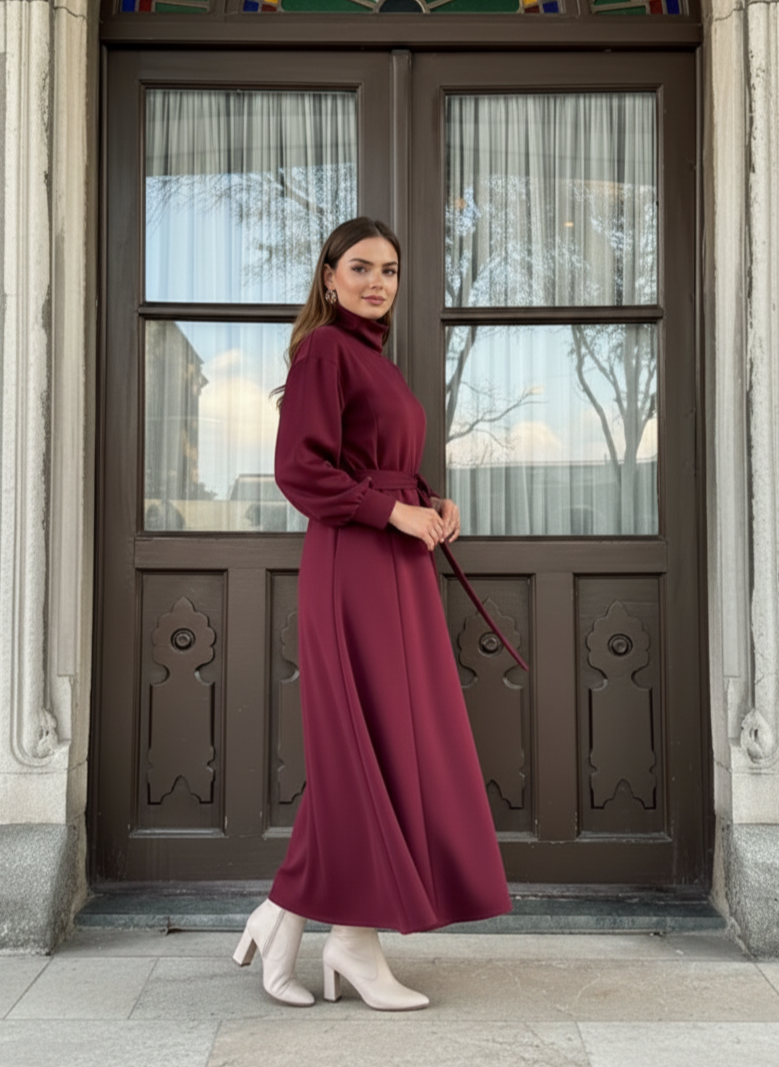 Women’s Belted High-Neck Long Winter Dress