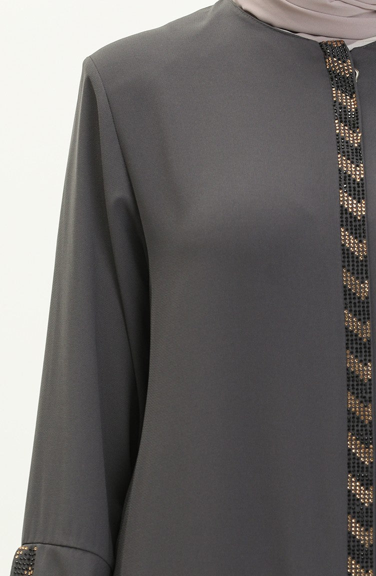 Grey Rhinestone Trim Open Abaya with Bell Sleeves – Turkish Modest Abaya