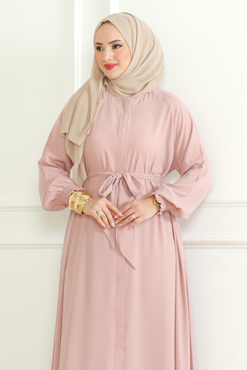Pink Belted Abaya with Elasticated Cuffs & Front Zipper – Turkish Modest Maxi Dress