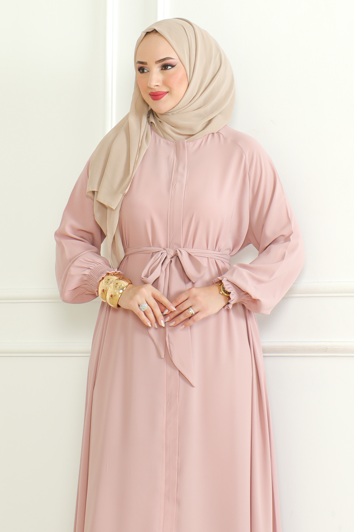Pink Belted Abaya with Elasticated Cuffs & Front Zipper – Turkish Modest Maxi Dress