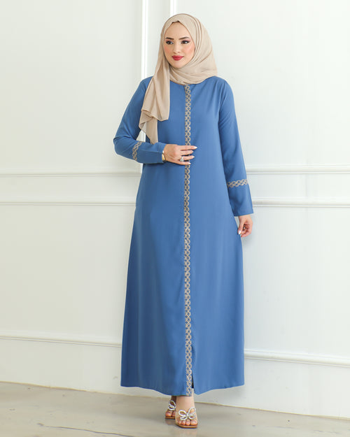 Blue embroidered abaya with gold woven lace trim, A-line silhouette, front view