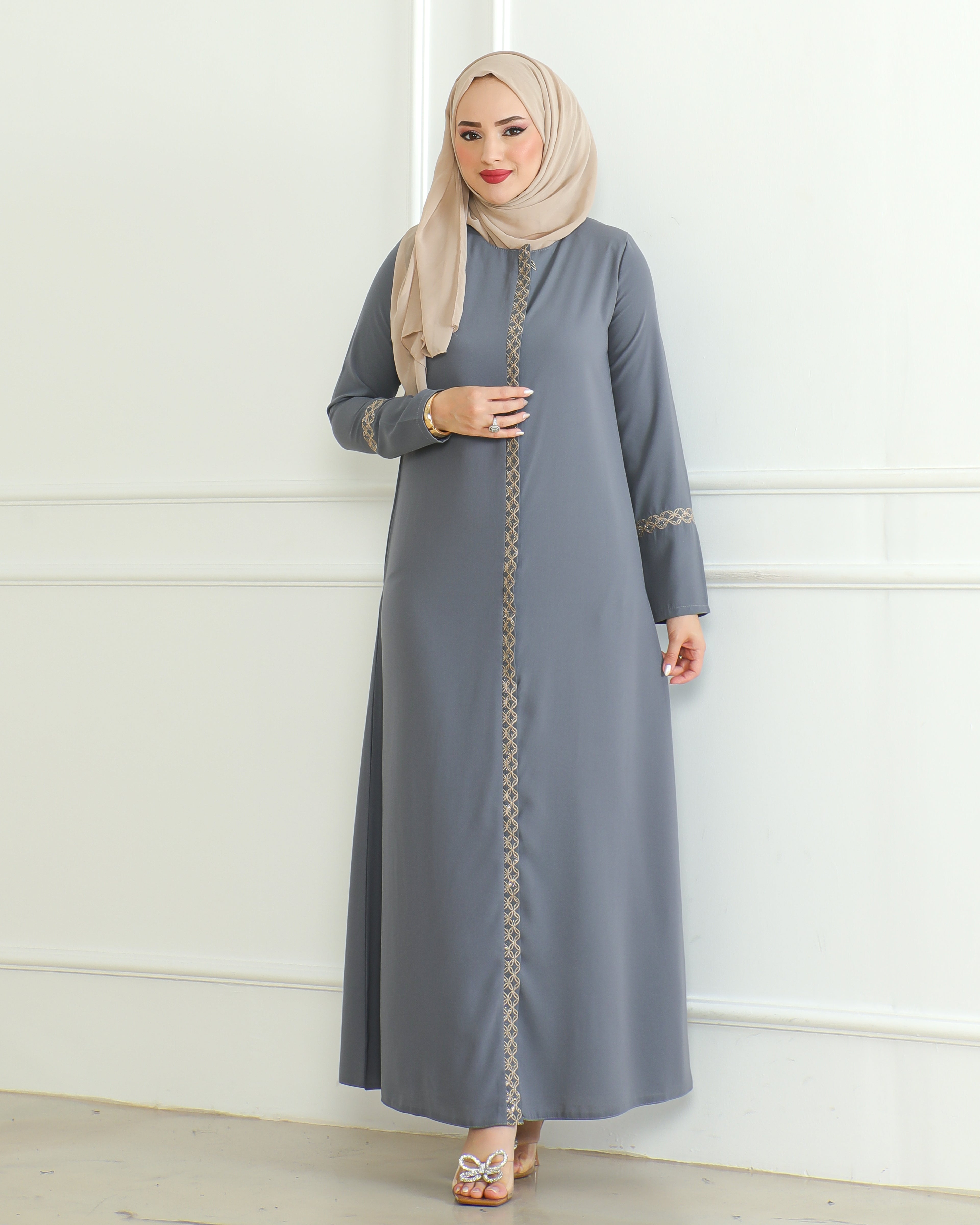 Embroidered Sleeves Abaya with Side Zipper Embroidery Long Sleeve Floor Length Turkish Abaya for Women