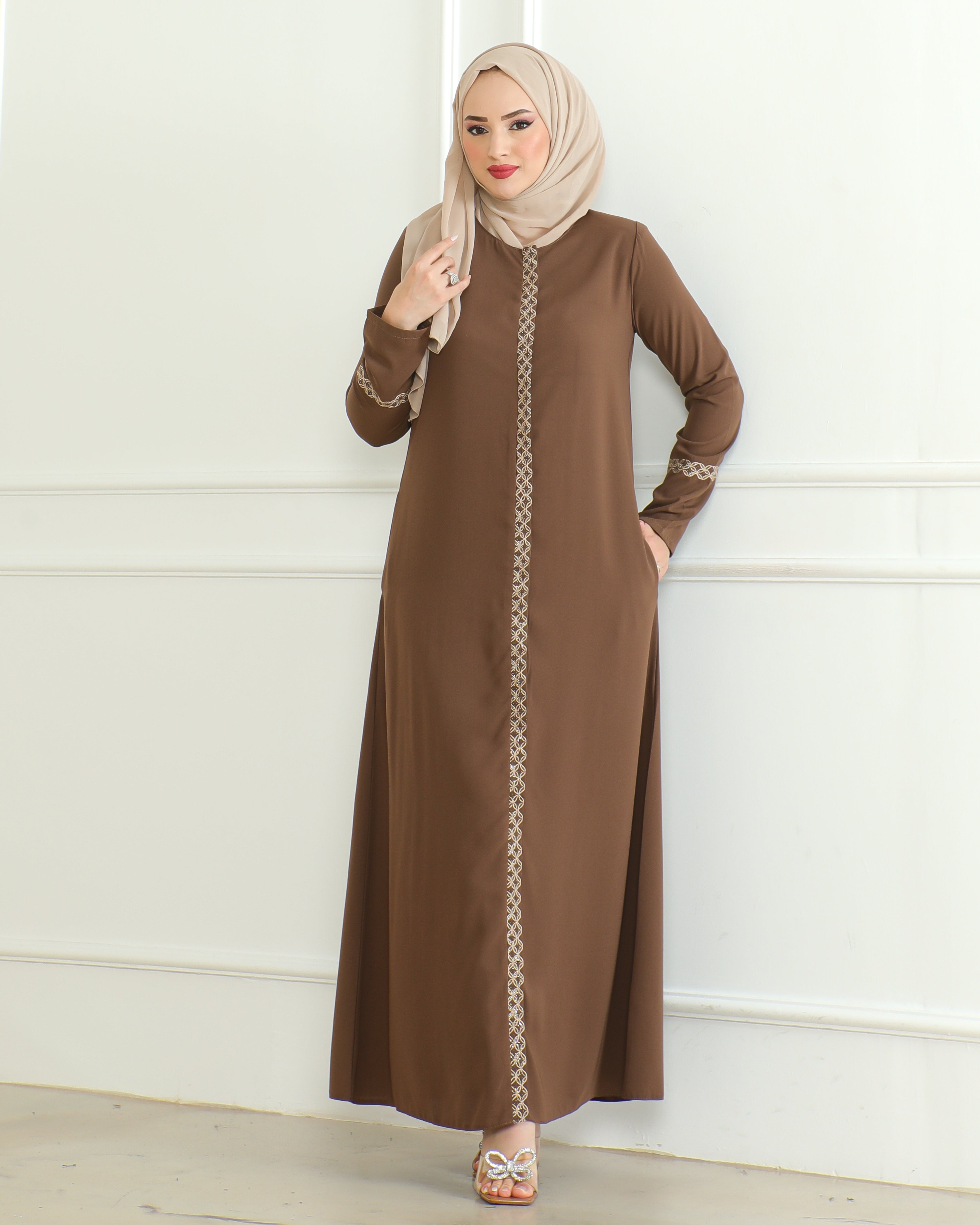 Embroidered Sleeves Abaya with Side Zipper Embroidery Long Sleeve Floor Length Turkish Abaya for Women