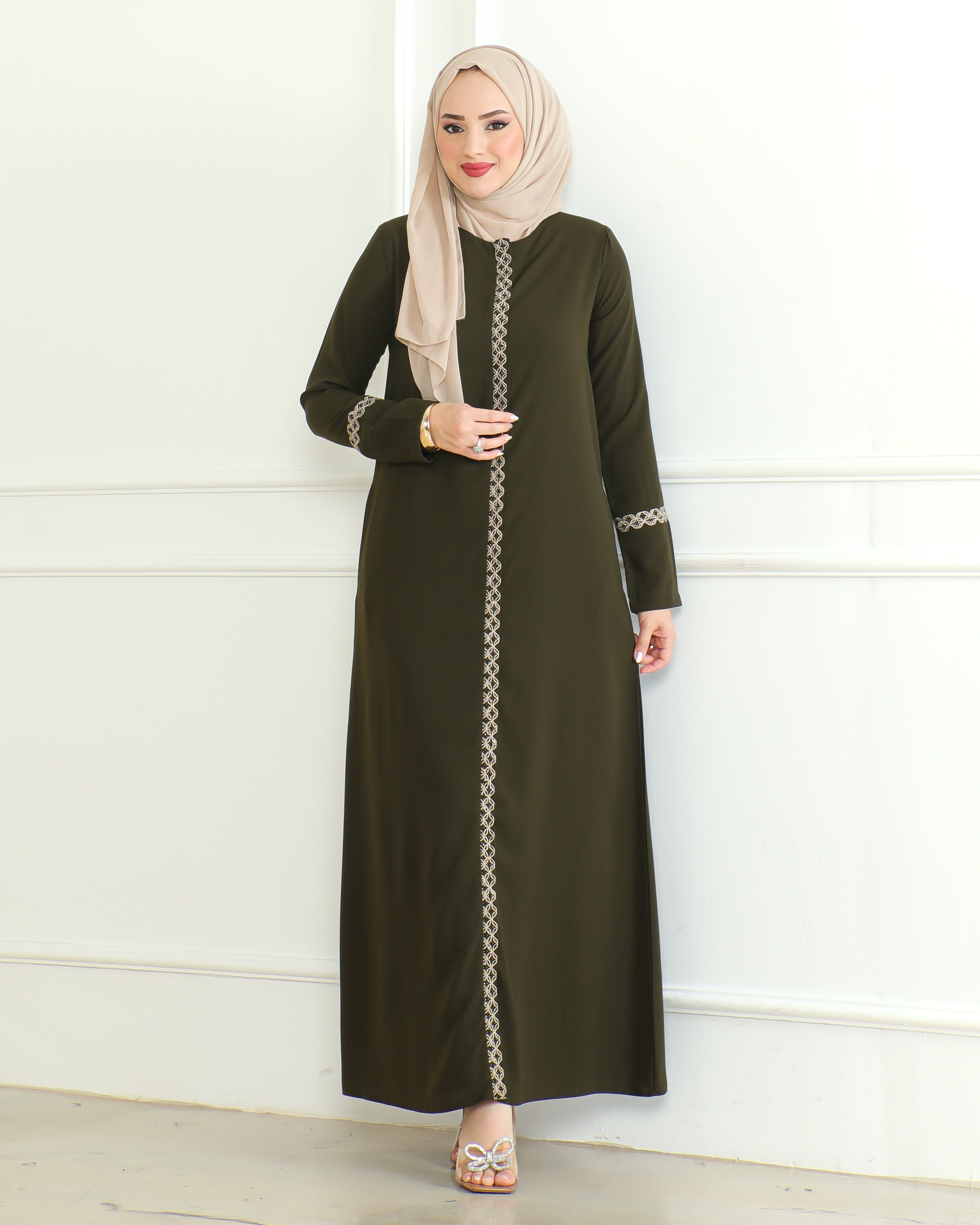 Embroidered Sleeves Abaya with Side Zipper Embroidery Long Sleeve Floor Length Turkish Abaya for Women