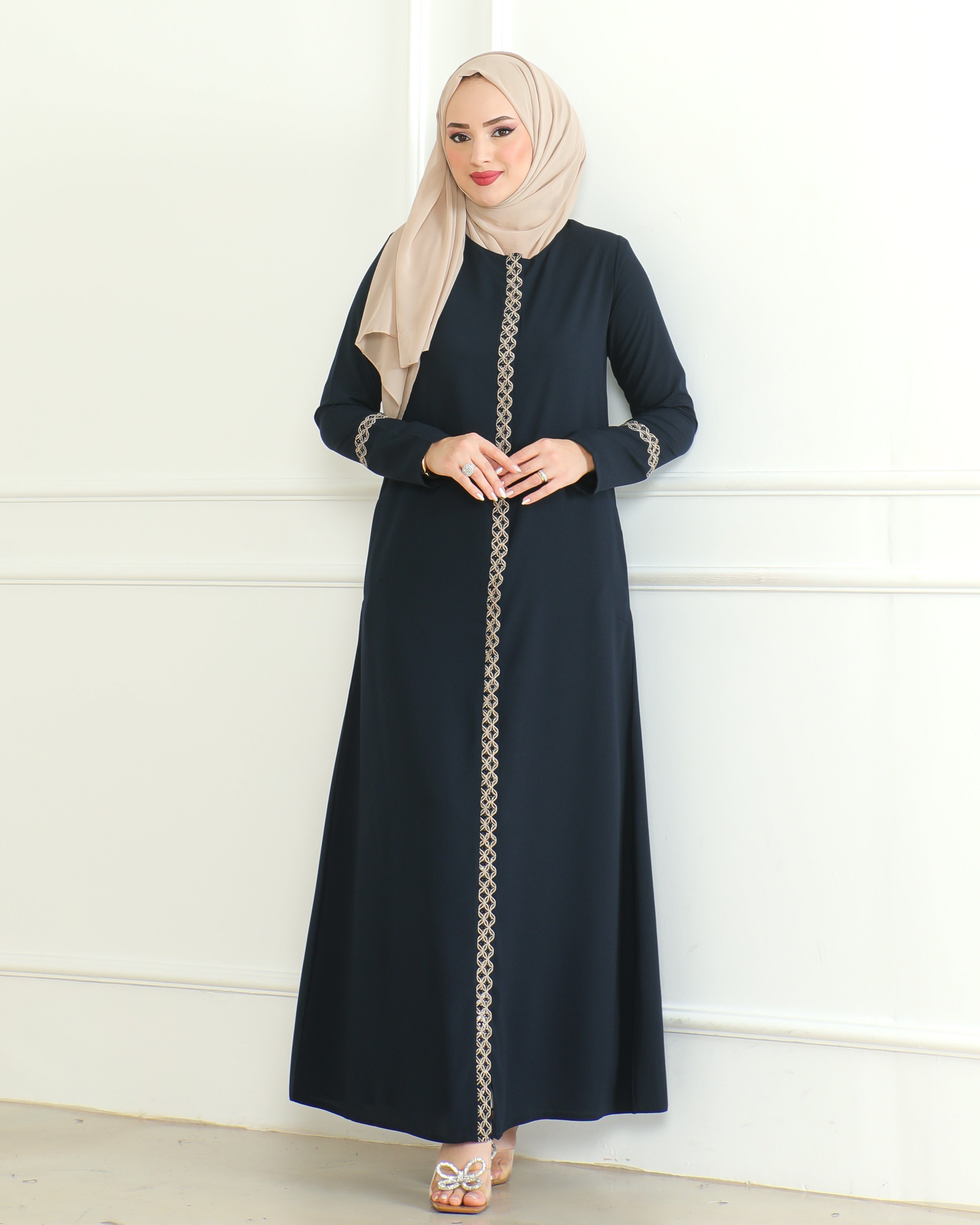 Embroidered Sleeves Abaya with Side Zipper Embroidery Long Sleeve Floor Length Turkish Abaya for Women