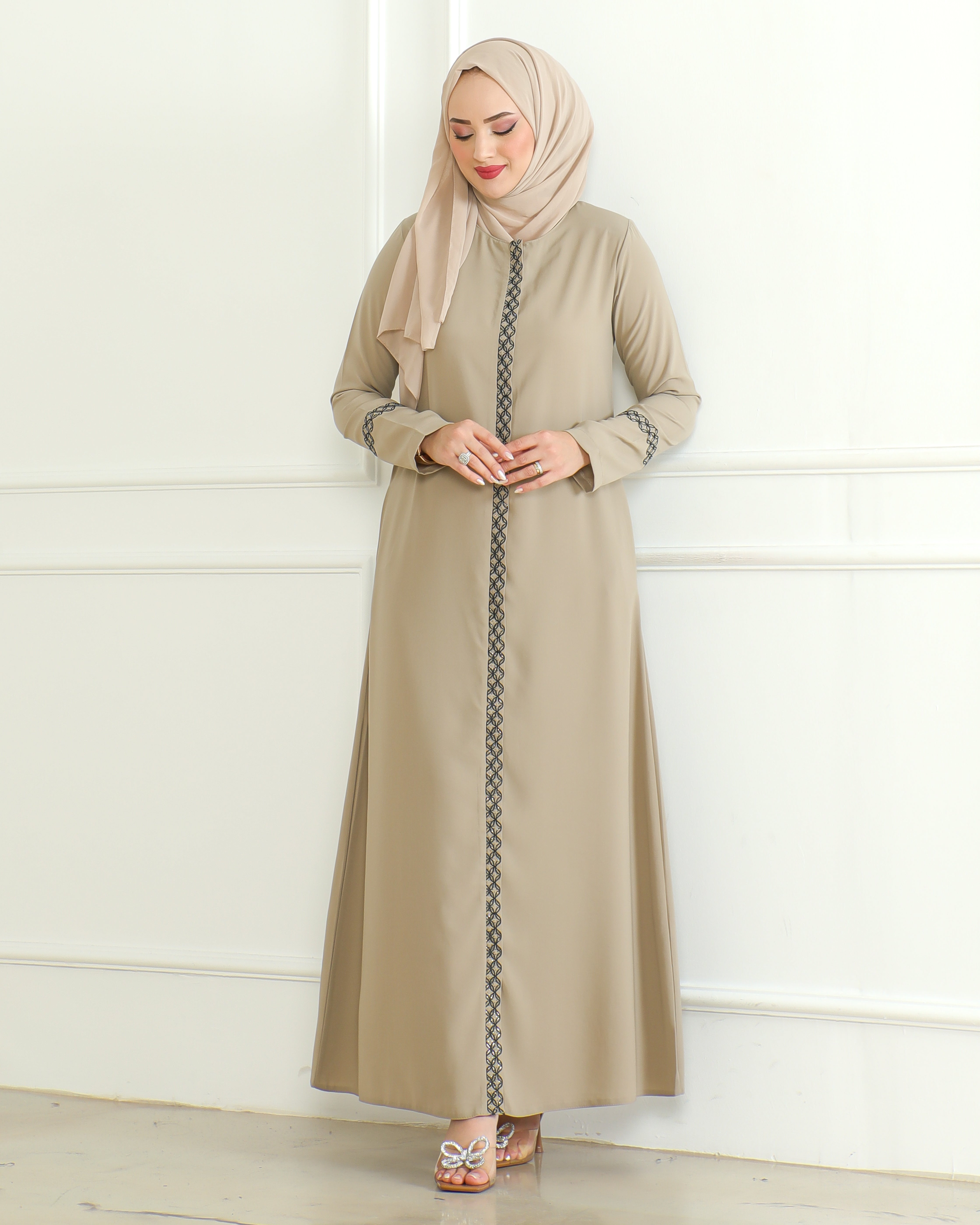 Embroidered Sleeves Abaya with Side Zipper Embroidery Long Sleeve Floor Length Turkish Abaya for Women