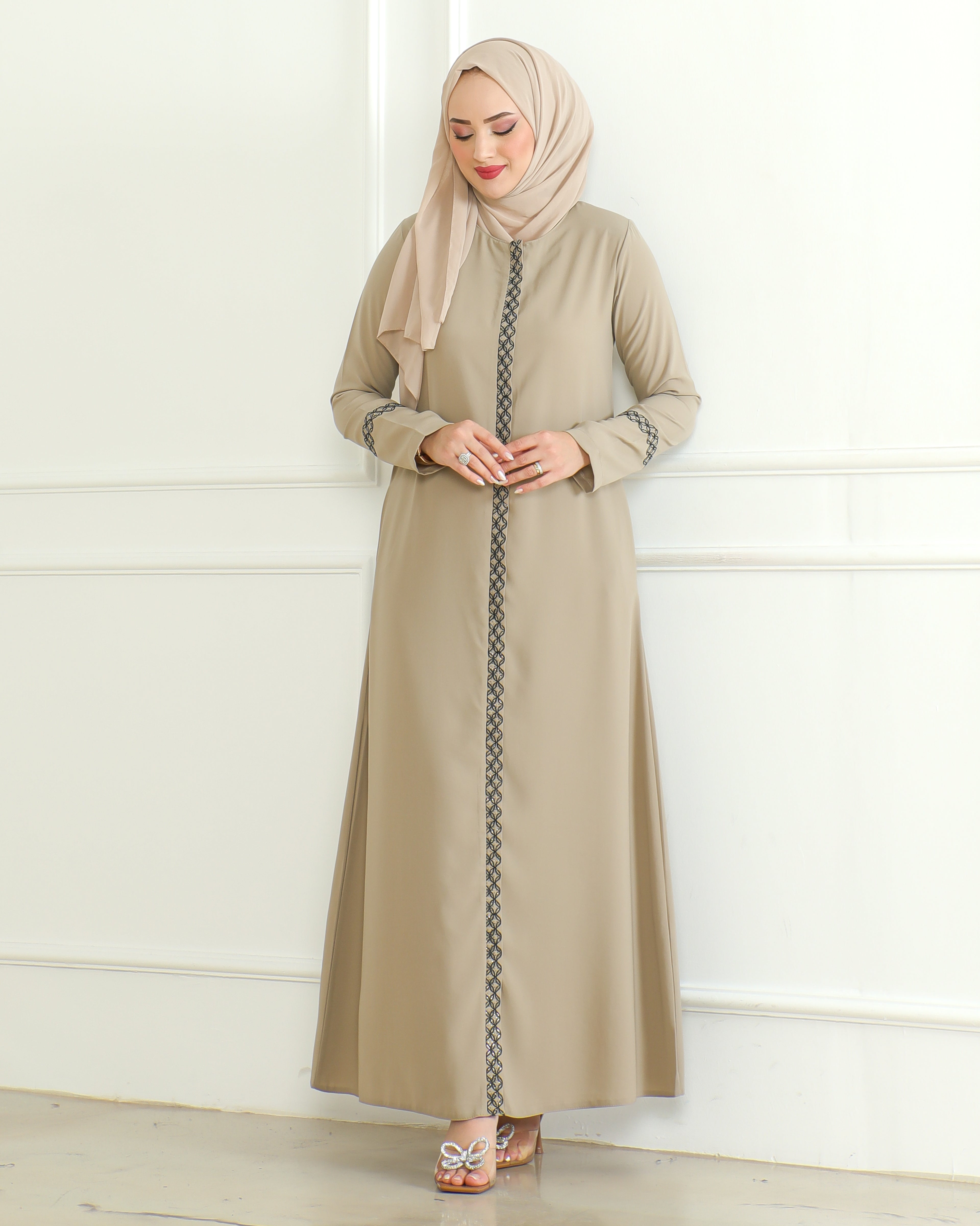 Embroidered Sleeves Abaya with Side Zipper Embroidery Long Sleeve Floor Length Turkish Abaya for Women