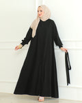 Black belted abaya with concealed front zipper, full-length front view