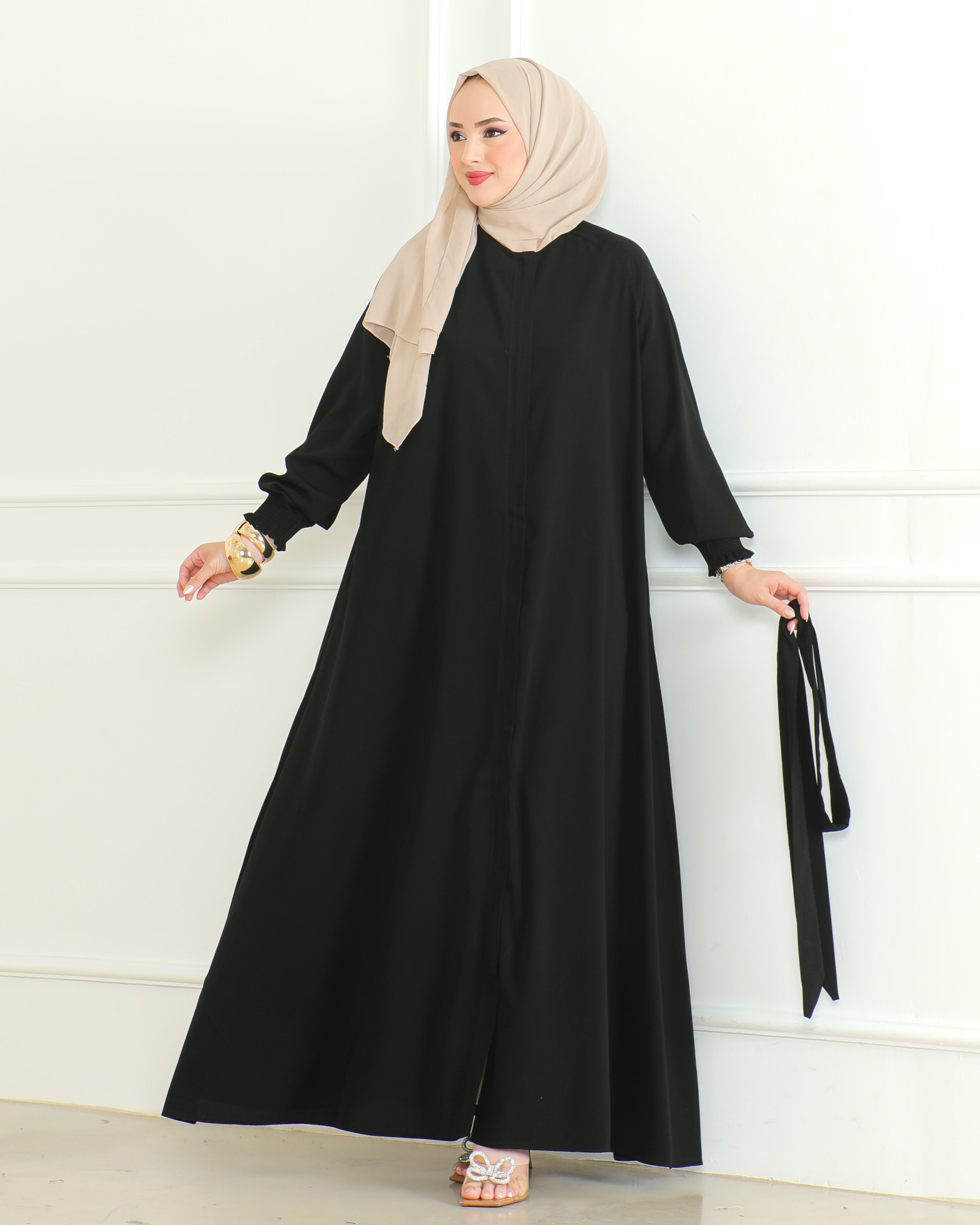 Belted Abaya with Elasticated Cuffs & Front Zipper – Turkish Modest Maxi Dress