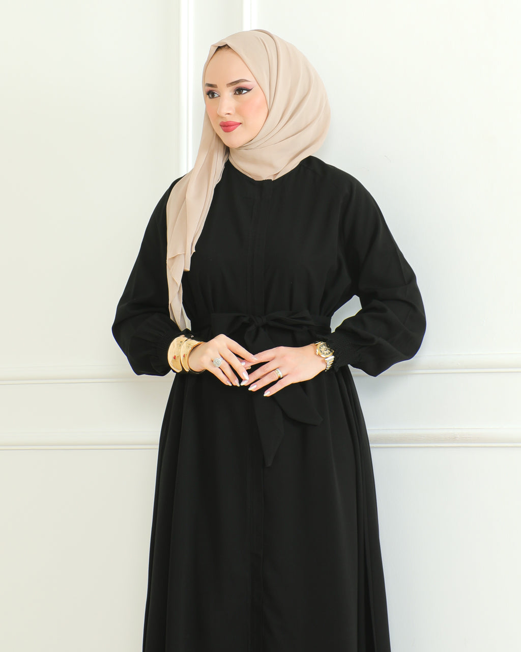 Belted Abaya with Elasticated Cuffs & Front Zipper – Turkish Modest Maxi Dress