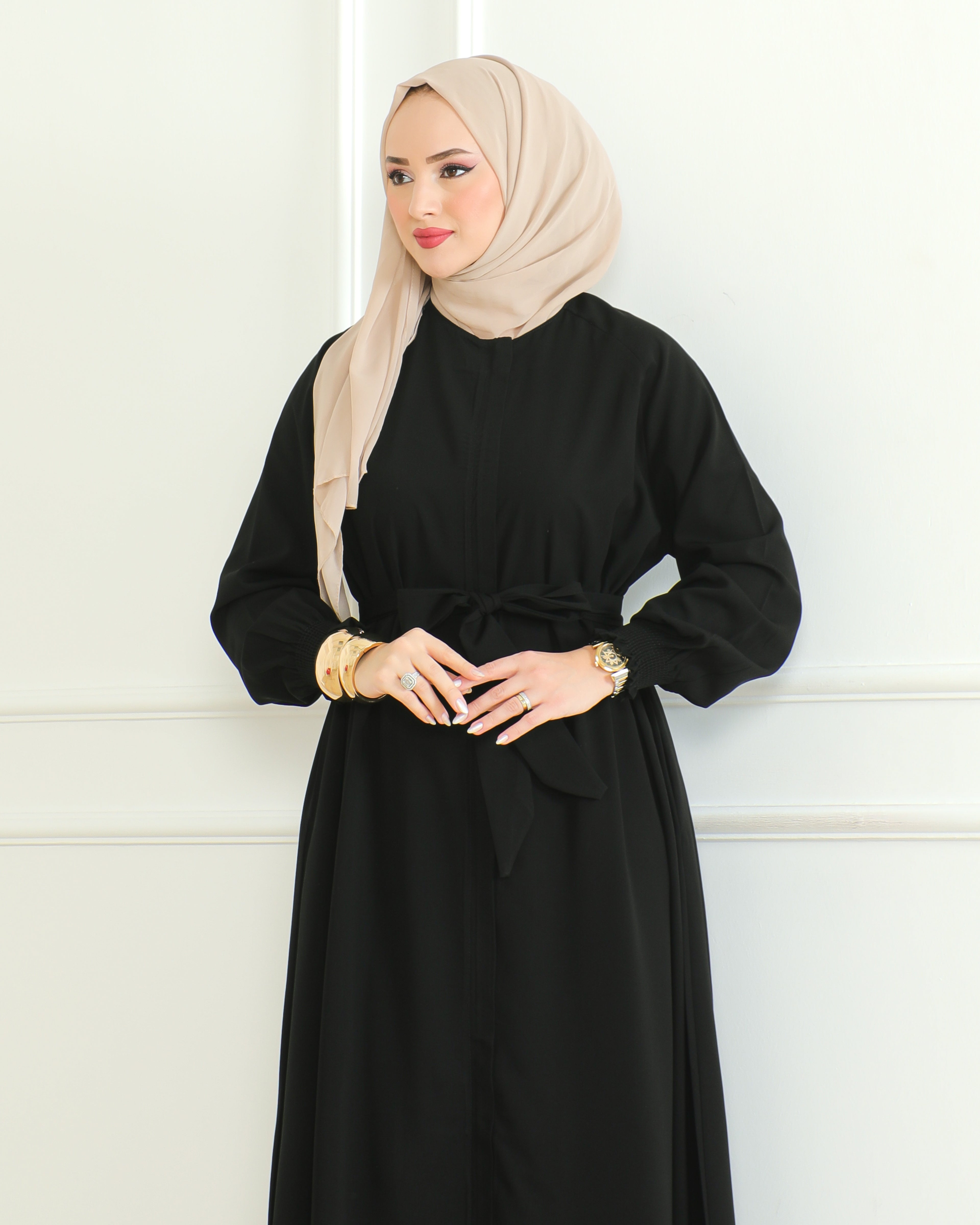 Belted Abaya with Elasticated Cuffs & Front Zipper – Turkish Modest Maxi Dress