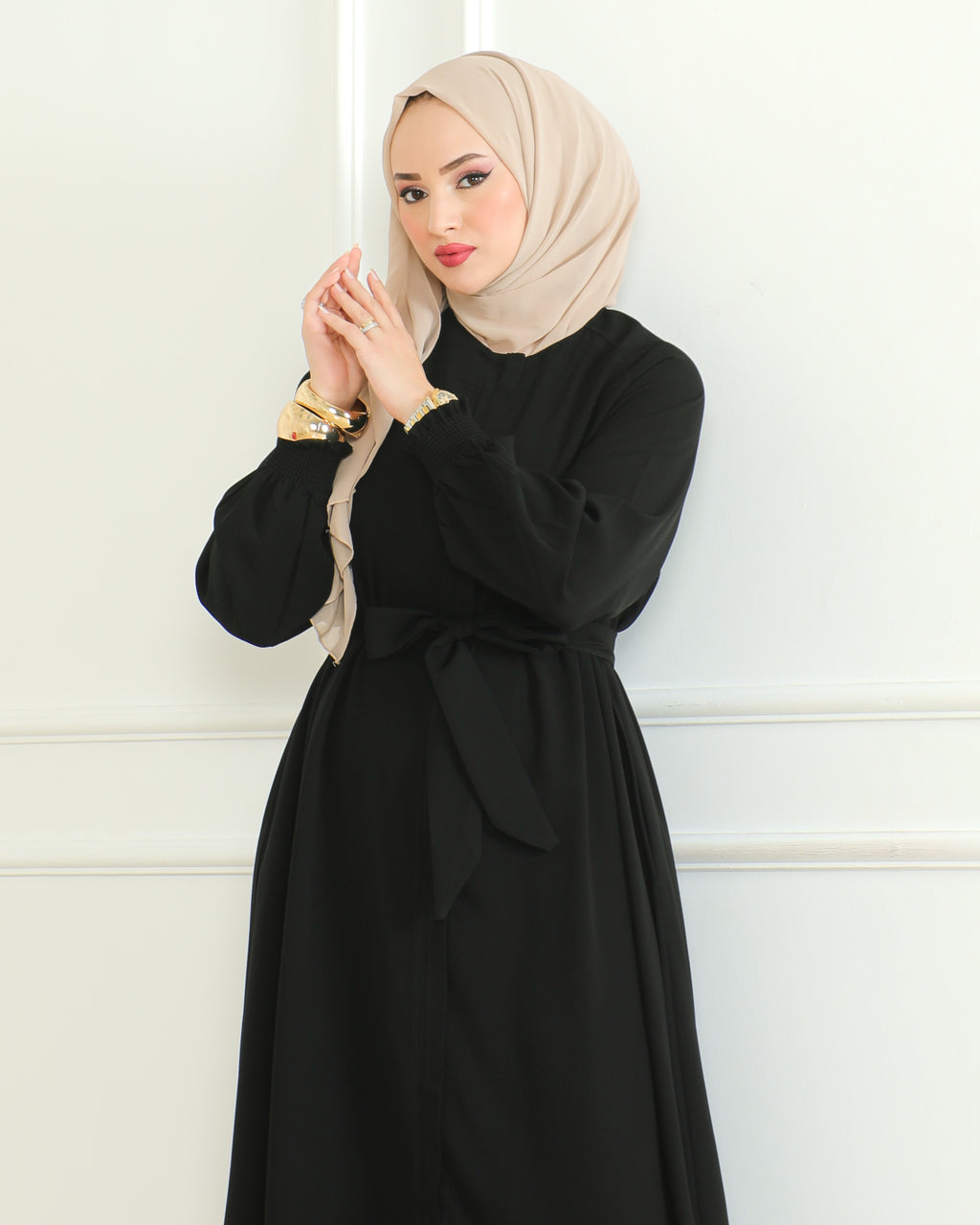 Belted Abaya with Elasticated Cuffs & Front Zipper – Turkish Modest Maxi Dress