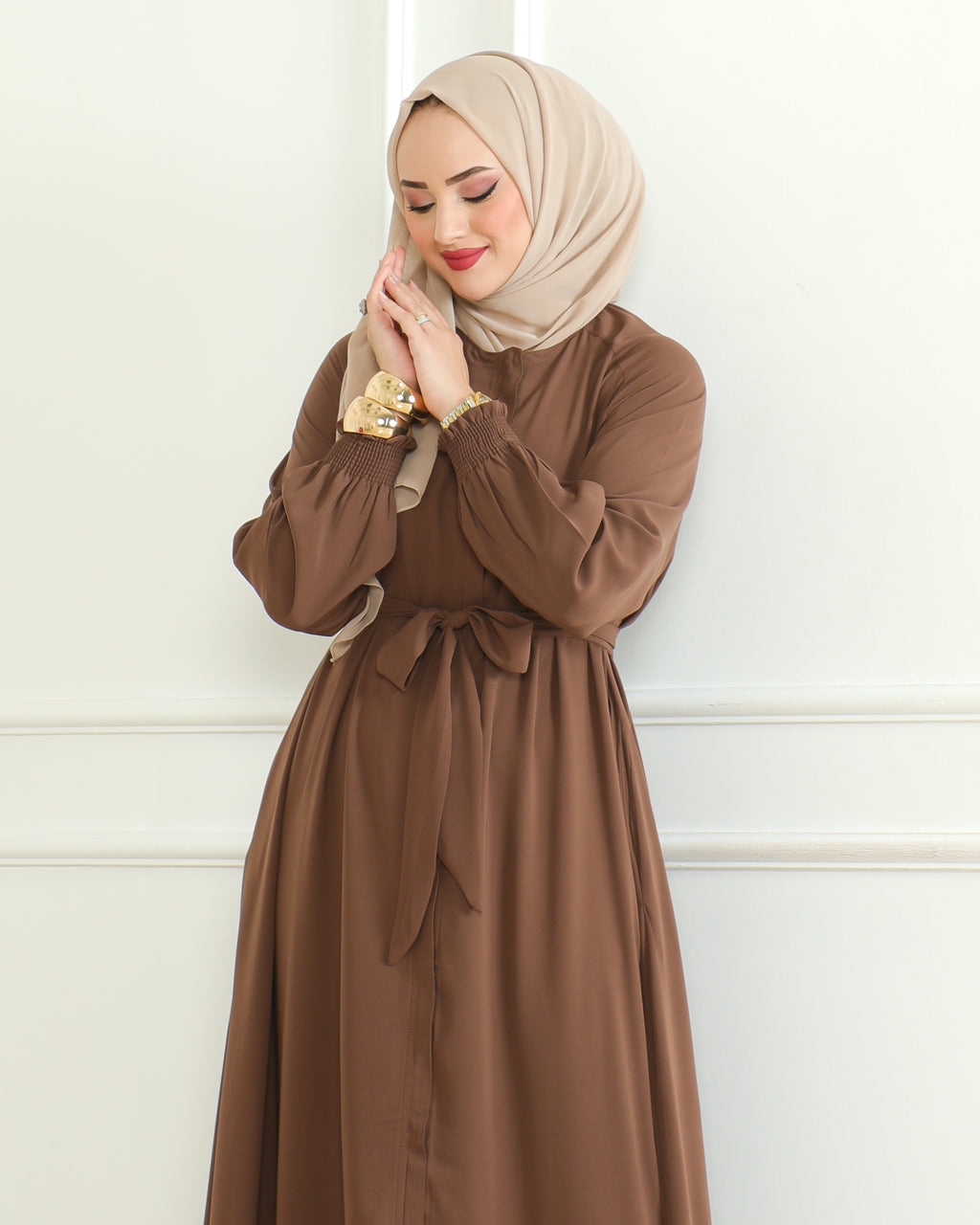 Belted Abaya with Elasticated Cuffs & Front Zipper – Turkish Modest Maxi Dress