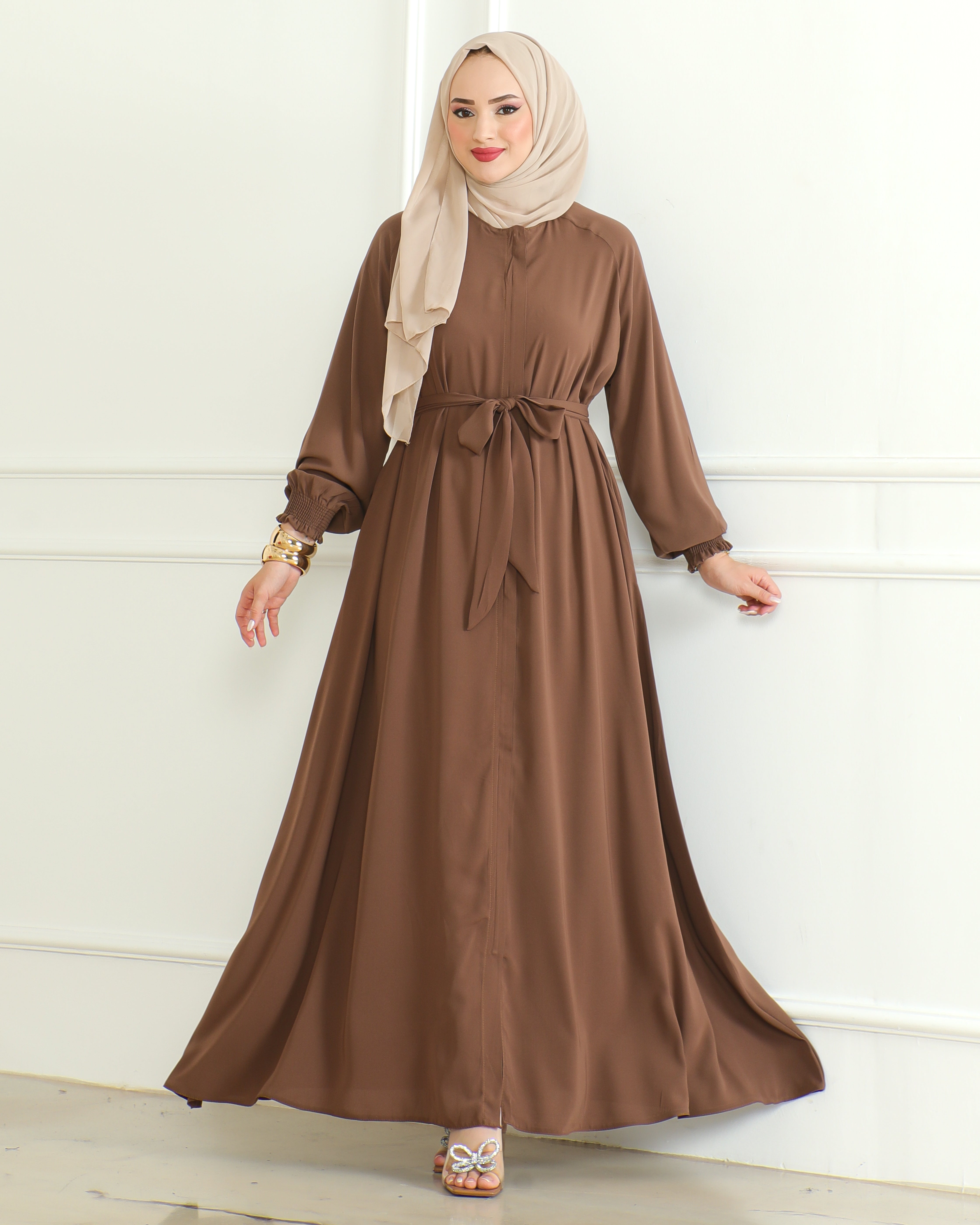 Women's Abaya with Zipper Includes Waist Belt Modest Turkish Long Sleeve Abayas for Women Muslim Fashion