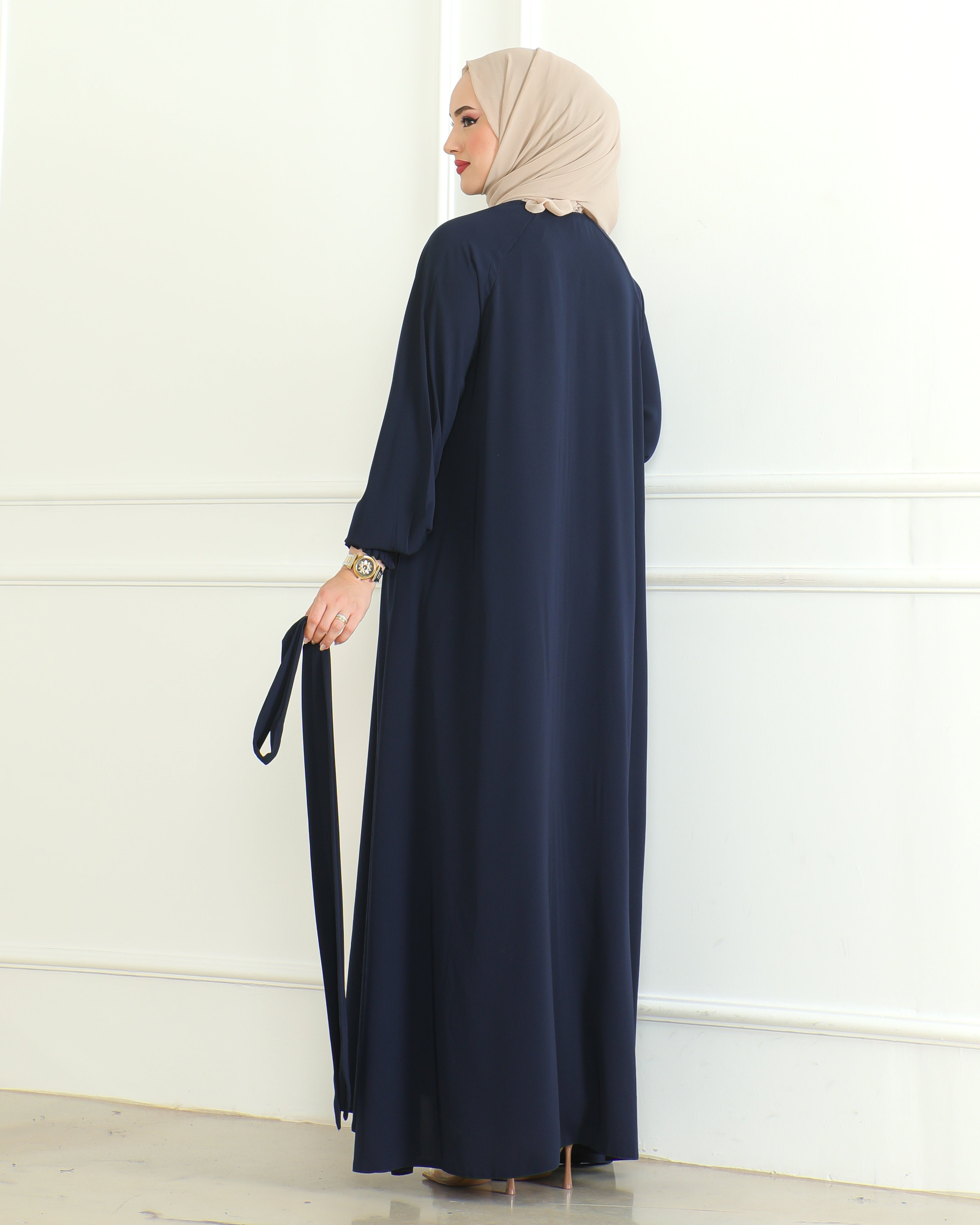 Belted Abaya with Elasticated Cuffs & Front Zipper – Turkish Modest Maxi Dress