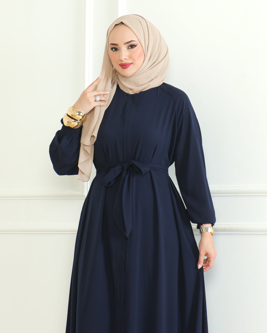 Belted Abaya with Elasticated Cuffs & Front Zipper – Turkish Modest Maxi Dress