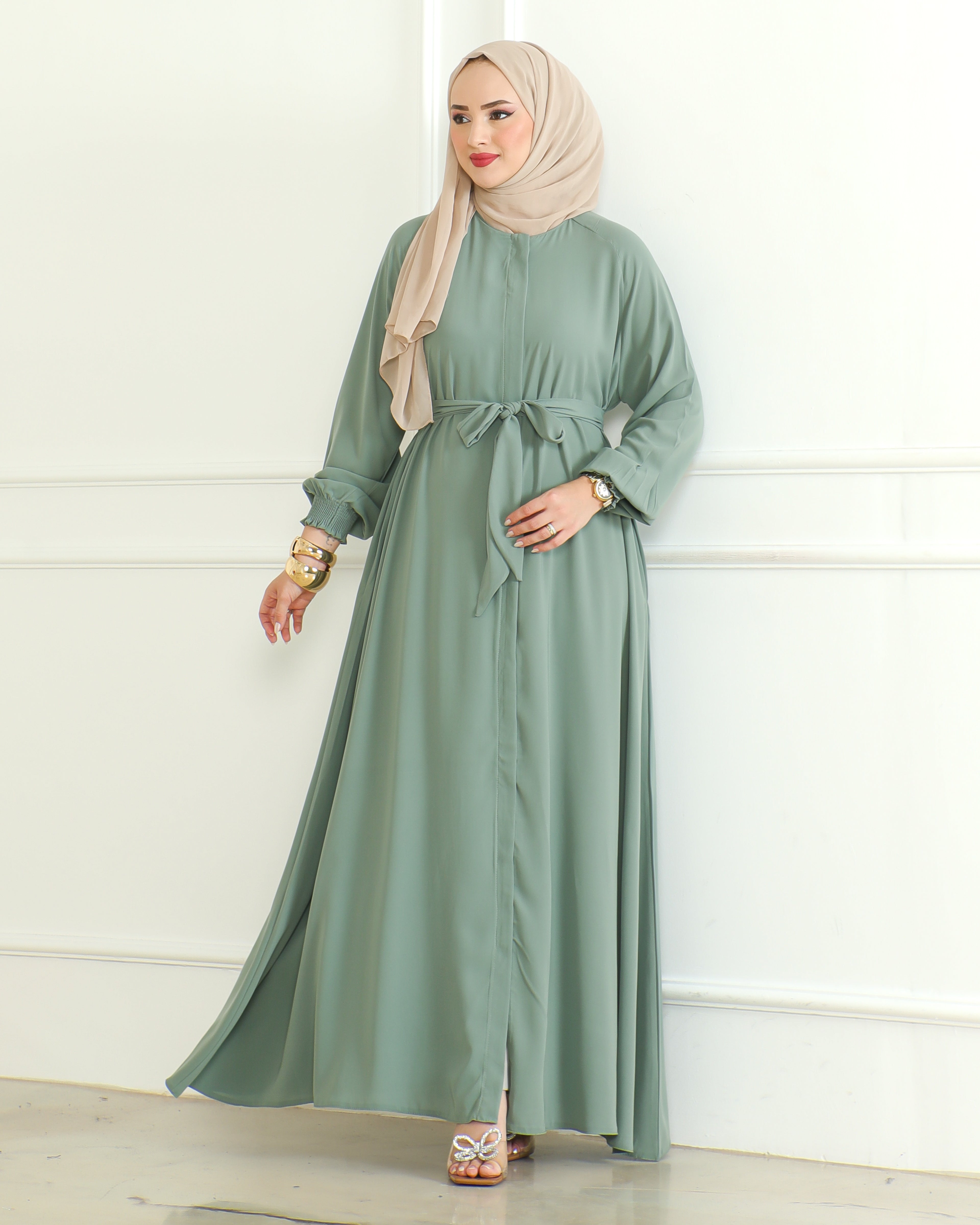 Women's Abaya with Zipper Includes Waist Belt Modest Turkish Long Sleeve Abayas for Women Muslim Fashion