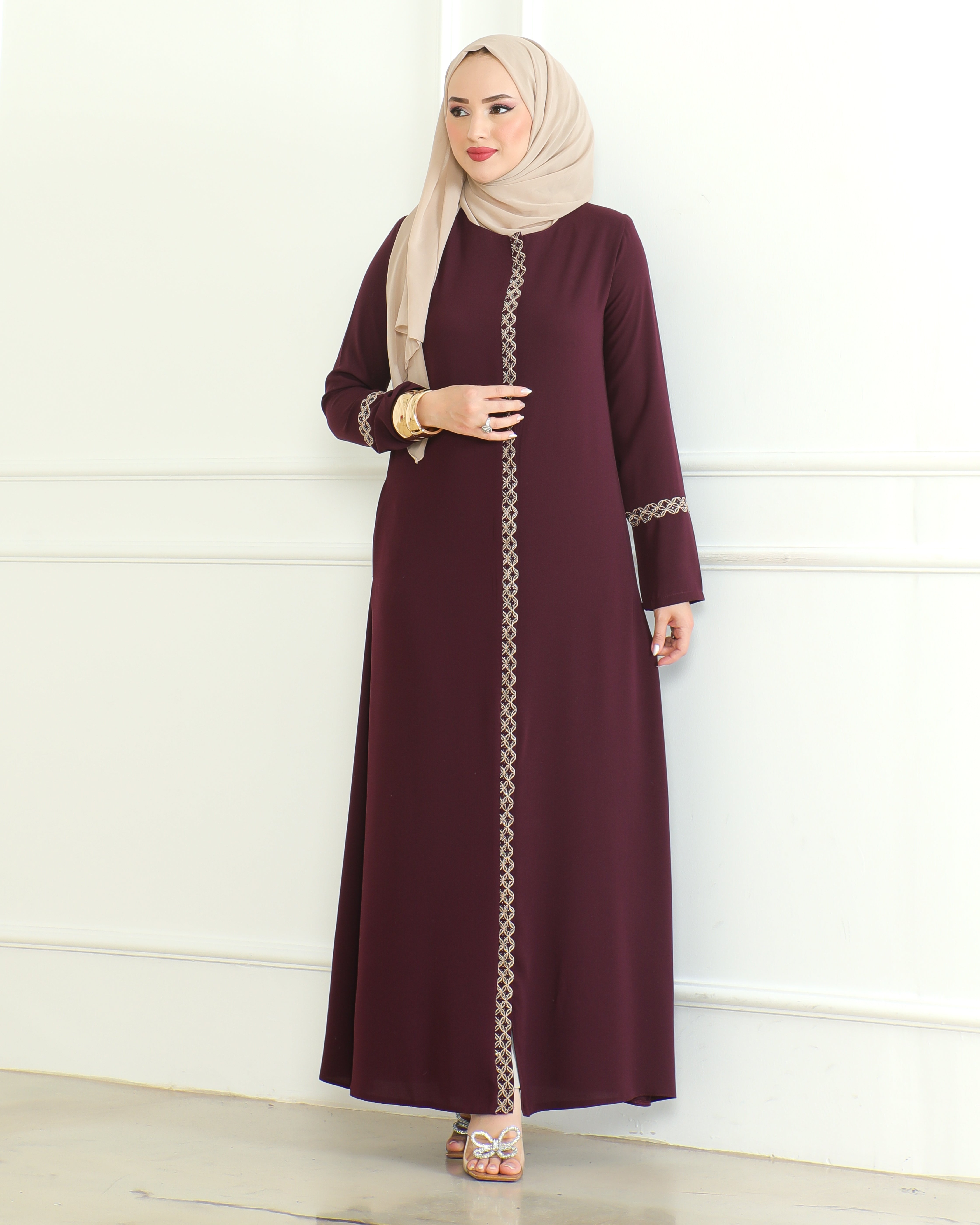 Embroidered Sleeves Abaya with Side Zipper Embroidery Long Sleeve Floor Length Turkish Abaya for Women