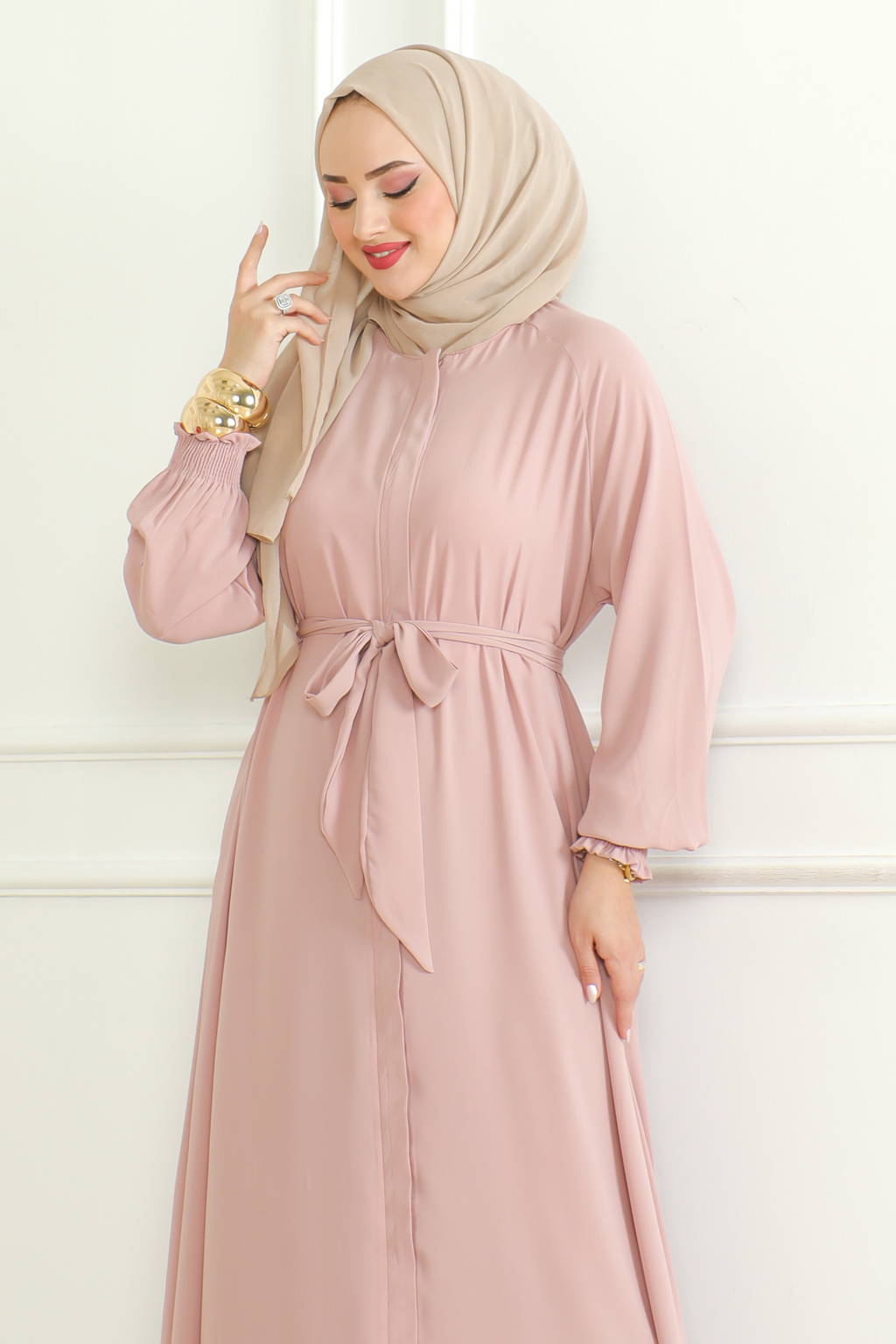 Pink Belted Abaya with Elasticated Cuffs & Front Zipper – Turkish Modest Maxi Dress
