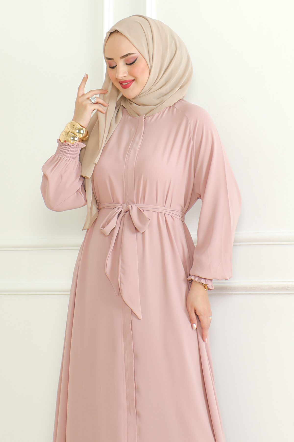 Pink Belted Abaya with Elasticated Cuffs & Front Zipper – Turkish Modest Maxi Dress