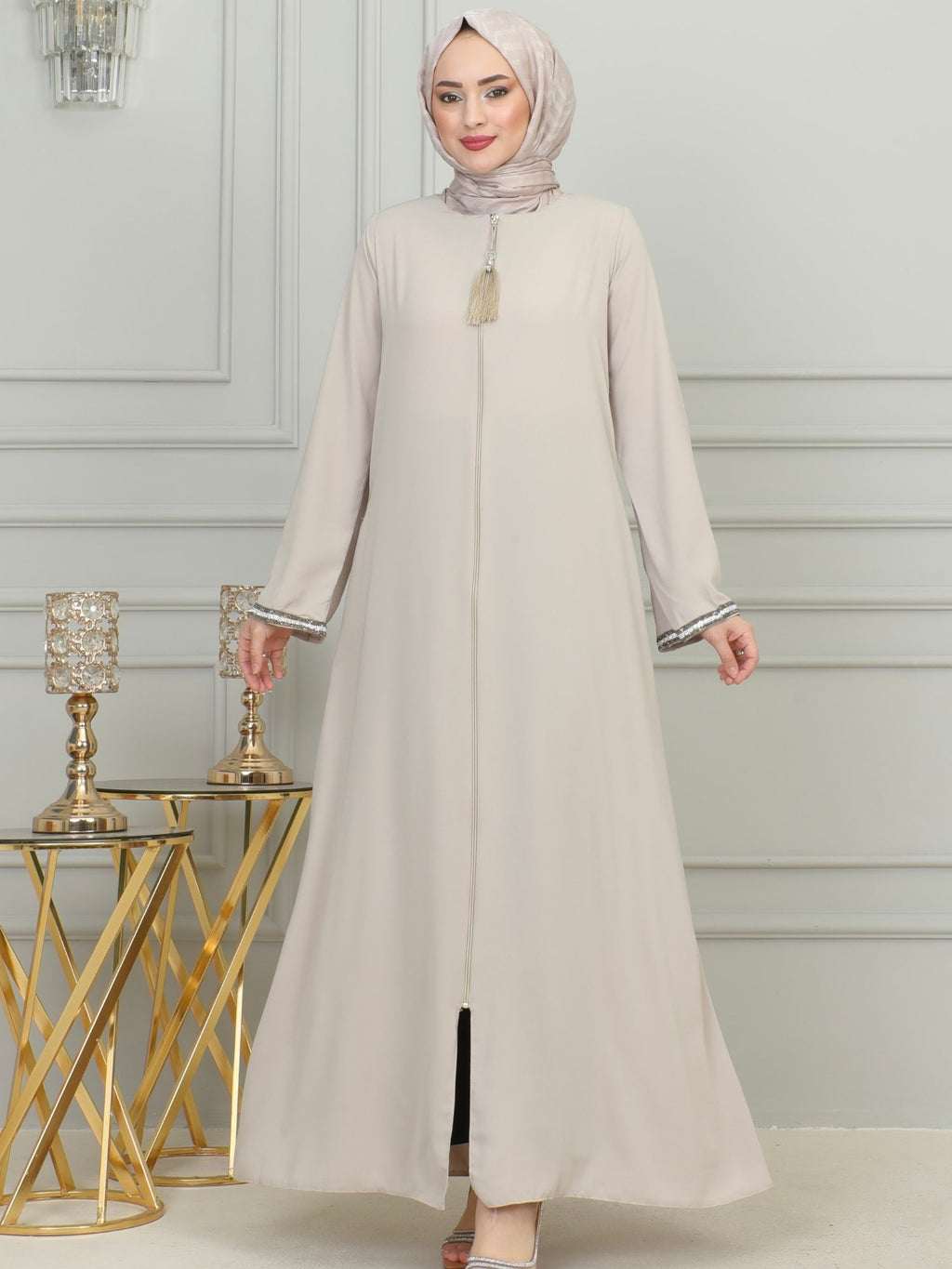 Beige Stone-Trimmed Sleeve Abaya with Front Zipper & Tassel – Turkish Abaya