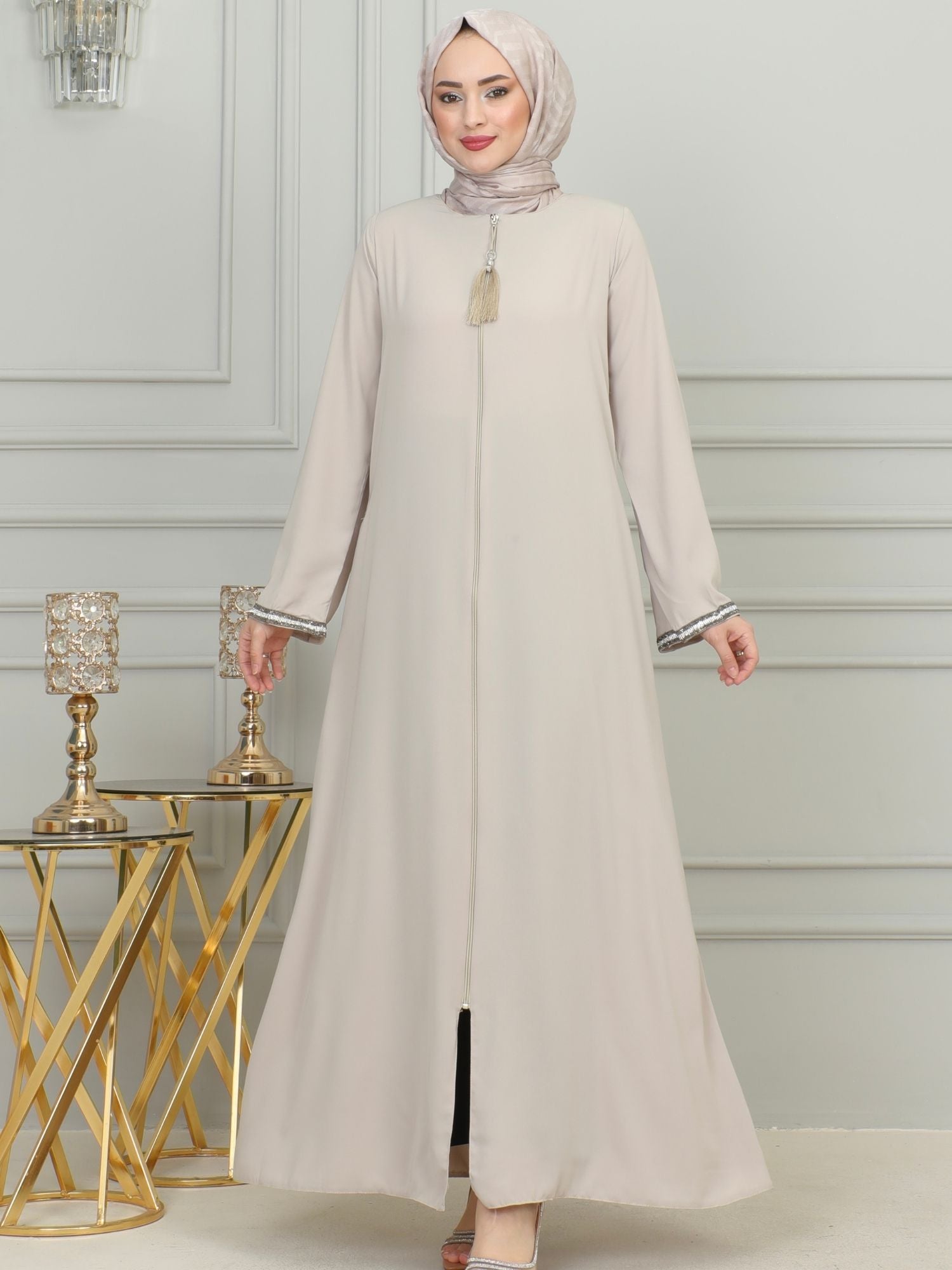 Beige Stone-Trimmed Sleeve Abaya with Front Zipper & Tassel – Turkish Abaya