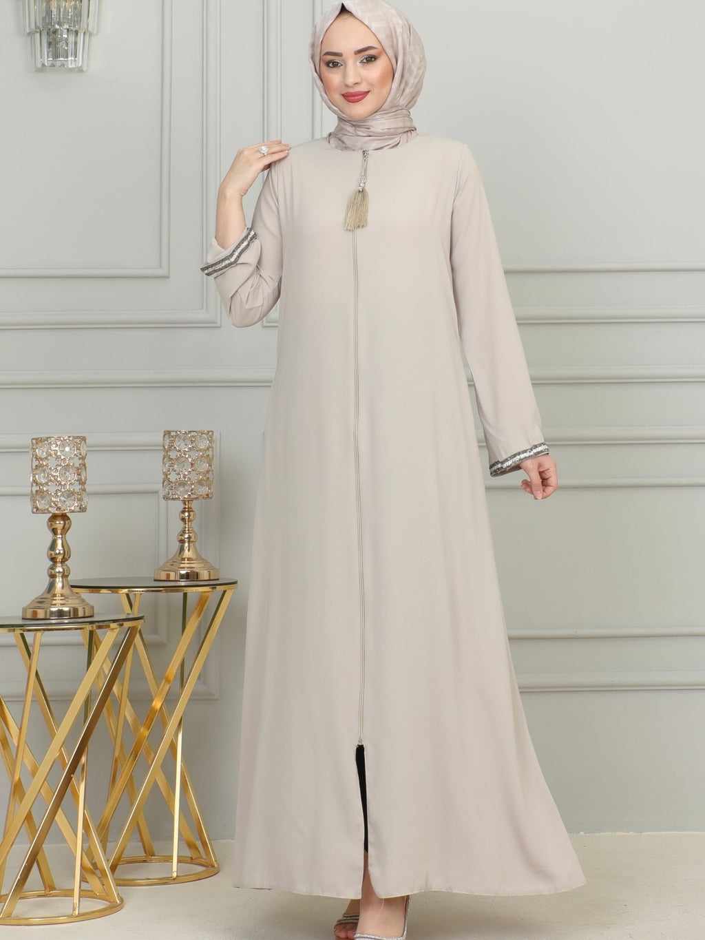Beige Stone-Trimmed Sleeve Abaya with Front Zipper & Tassel – Turkish Abaya