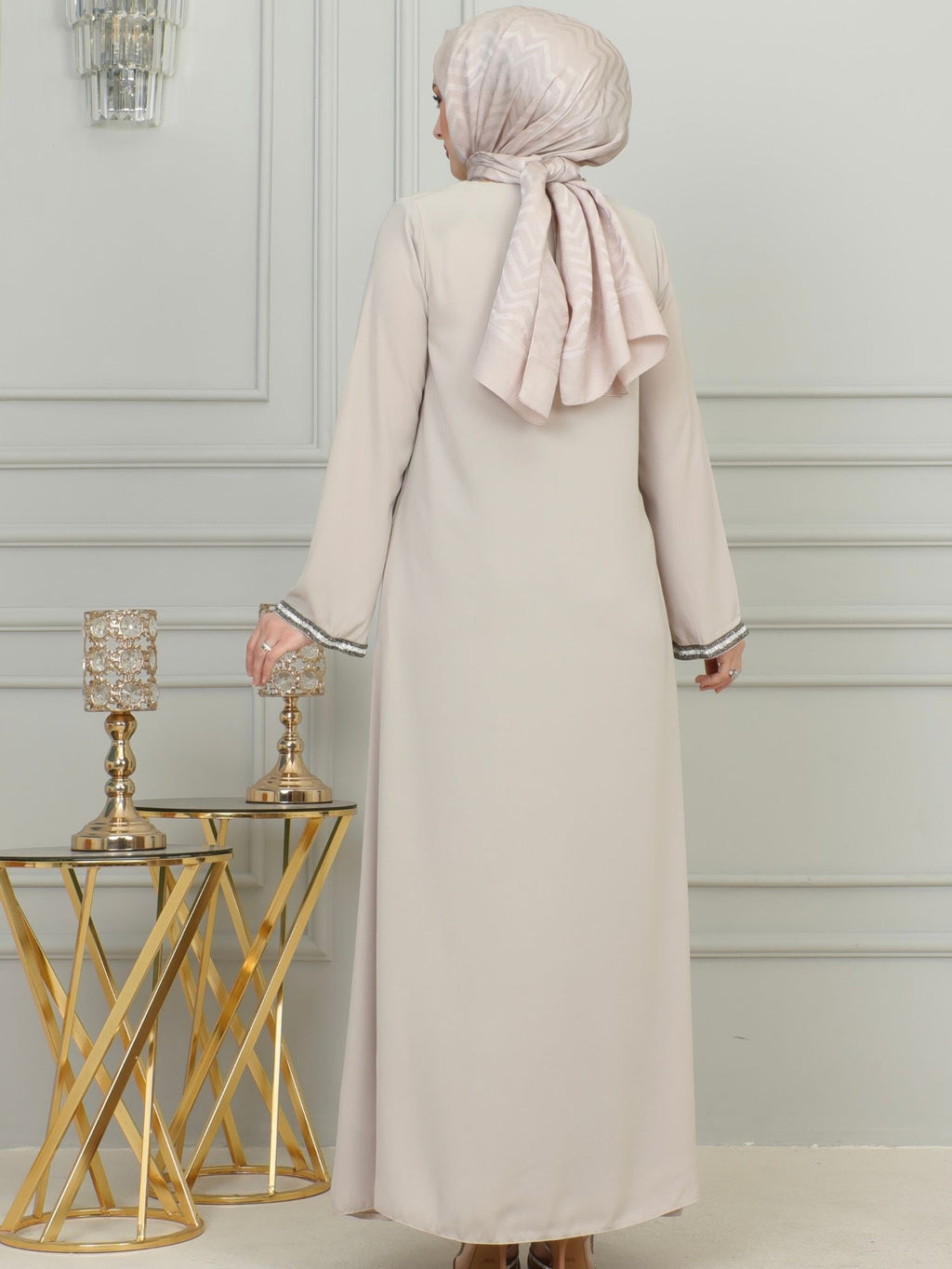 Beige Stone-Trimmed Sleeve Abaya with Front Zipper & Tassel – Turkish Abaya