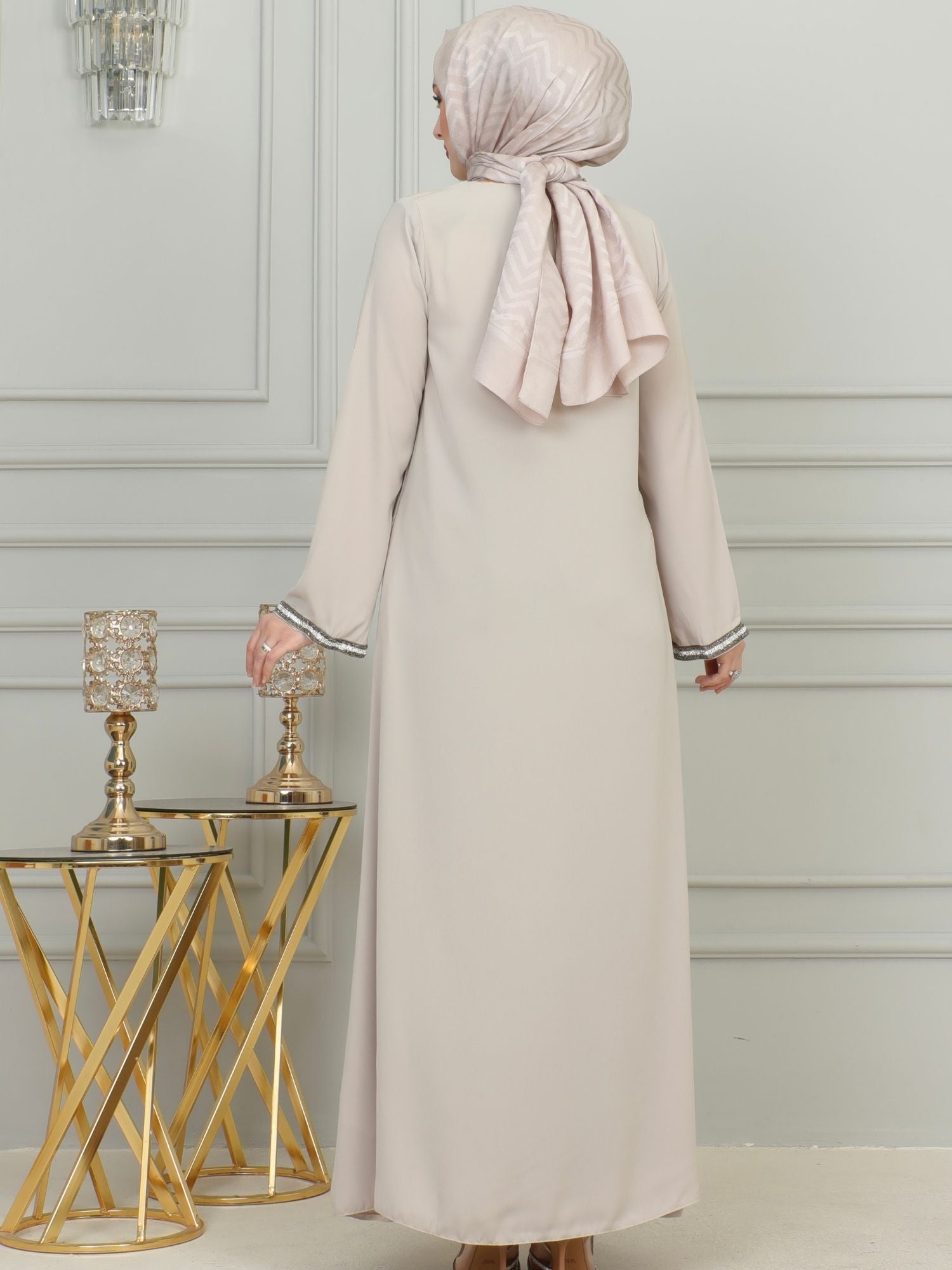 Beige Stone-Trimmed Sleeve Abaya with Front Zipper & Tassel – Turkish Abaya