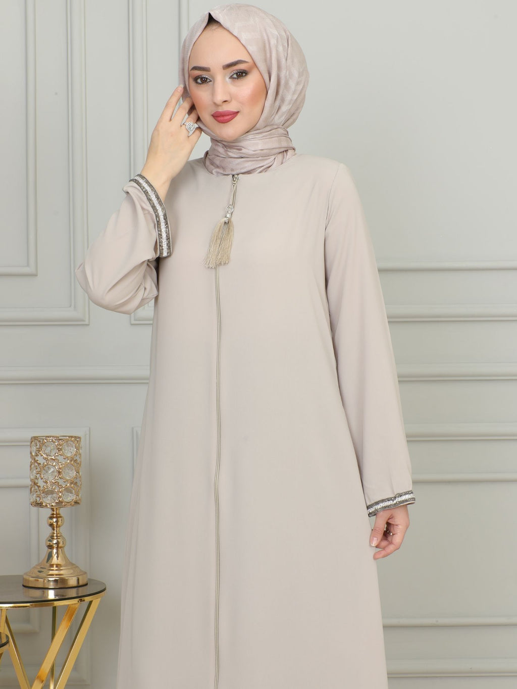 Beige Stone-Trimmed Sleeve Abaya with Front Zipper & Tassel – Turkish Abaya