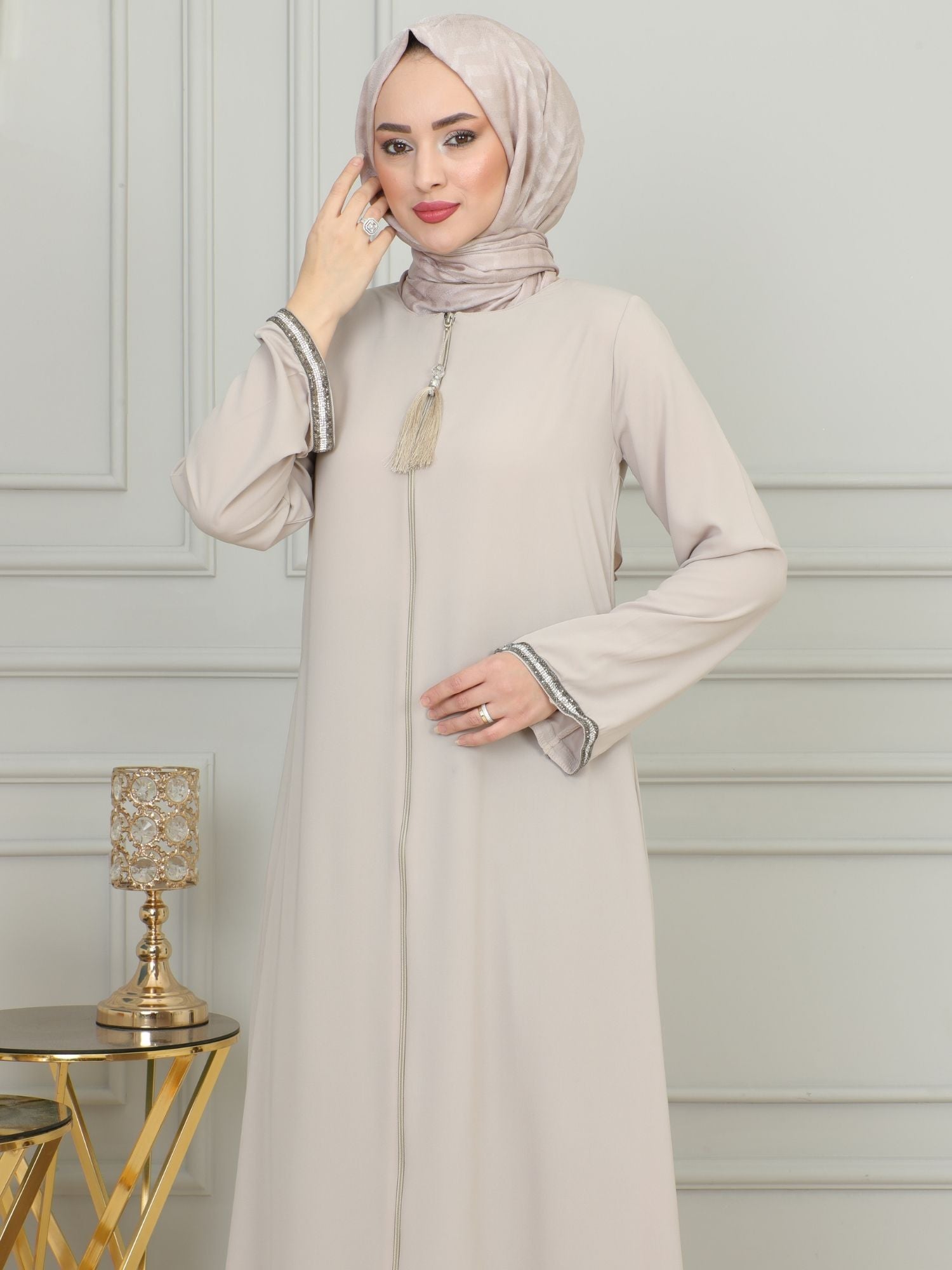 Beige Stone-Trimmed Sleeve Abaya with Front Zipper & Tassel – Turkish Abaya