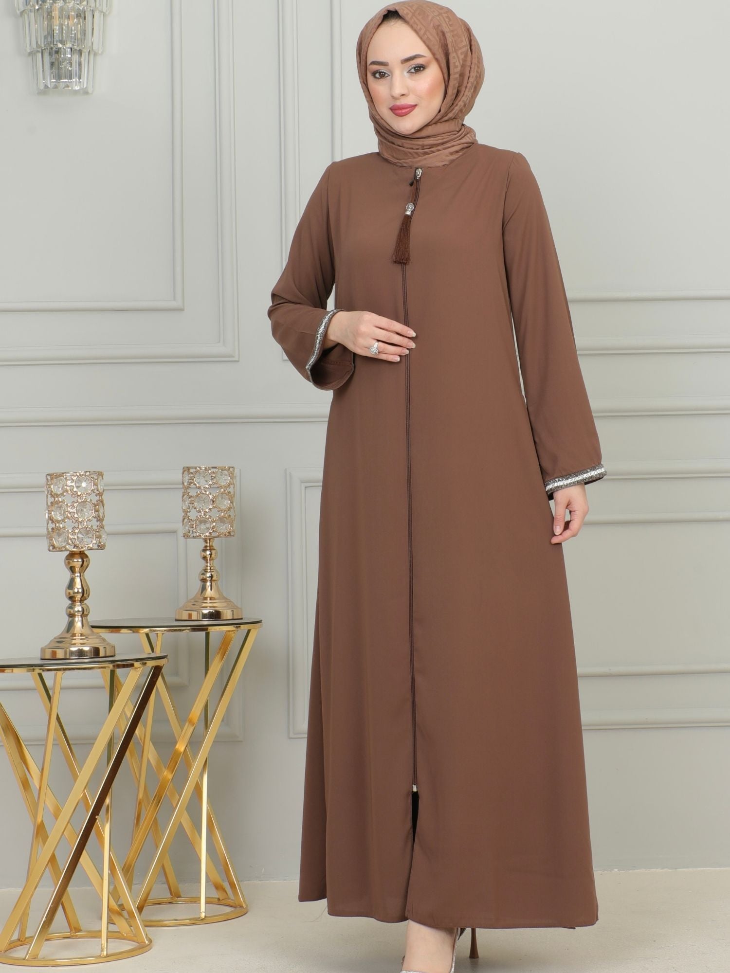Brown Stone-Trimmed Sleeve Abaya with Front Zipper & Tassel – Turkish Abaya