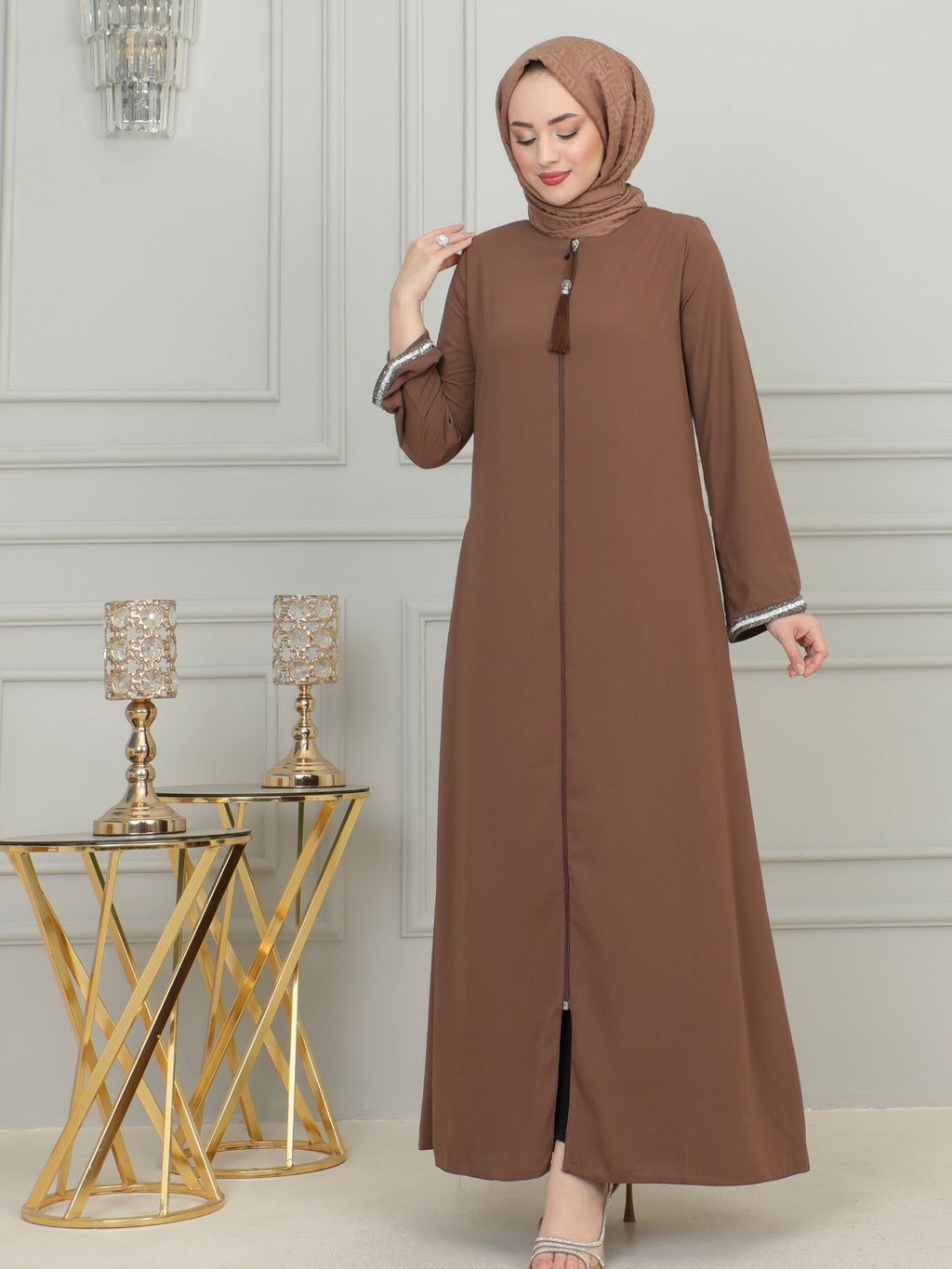 Brown Stone-Trimmed Sleeve Abaya with Front Zipper & Tassel – Turkish Abaya