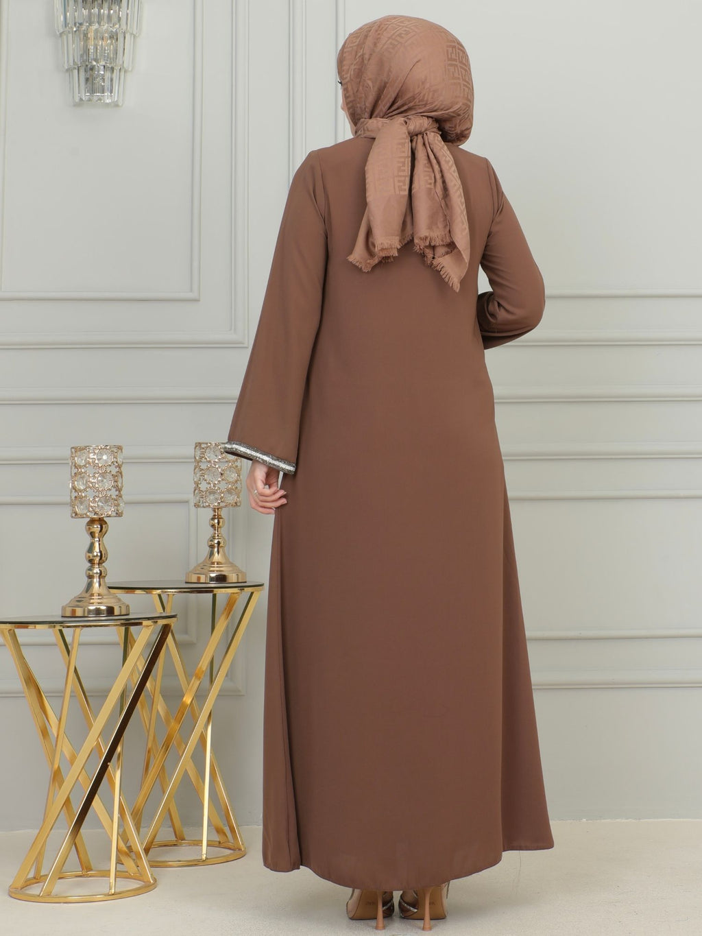 Brown Stone-Trimmed Sleeve Abaya with Front Zipper & Tassel – Turkish Abaya
