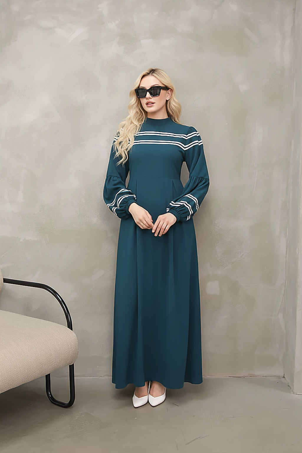 Full-length navy modest maxi dress with removable self-tie waist belt