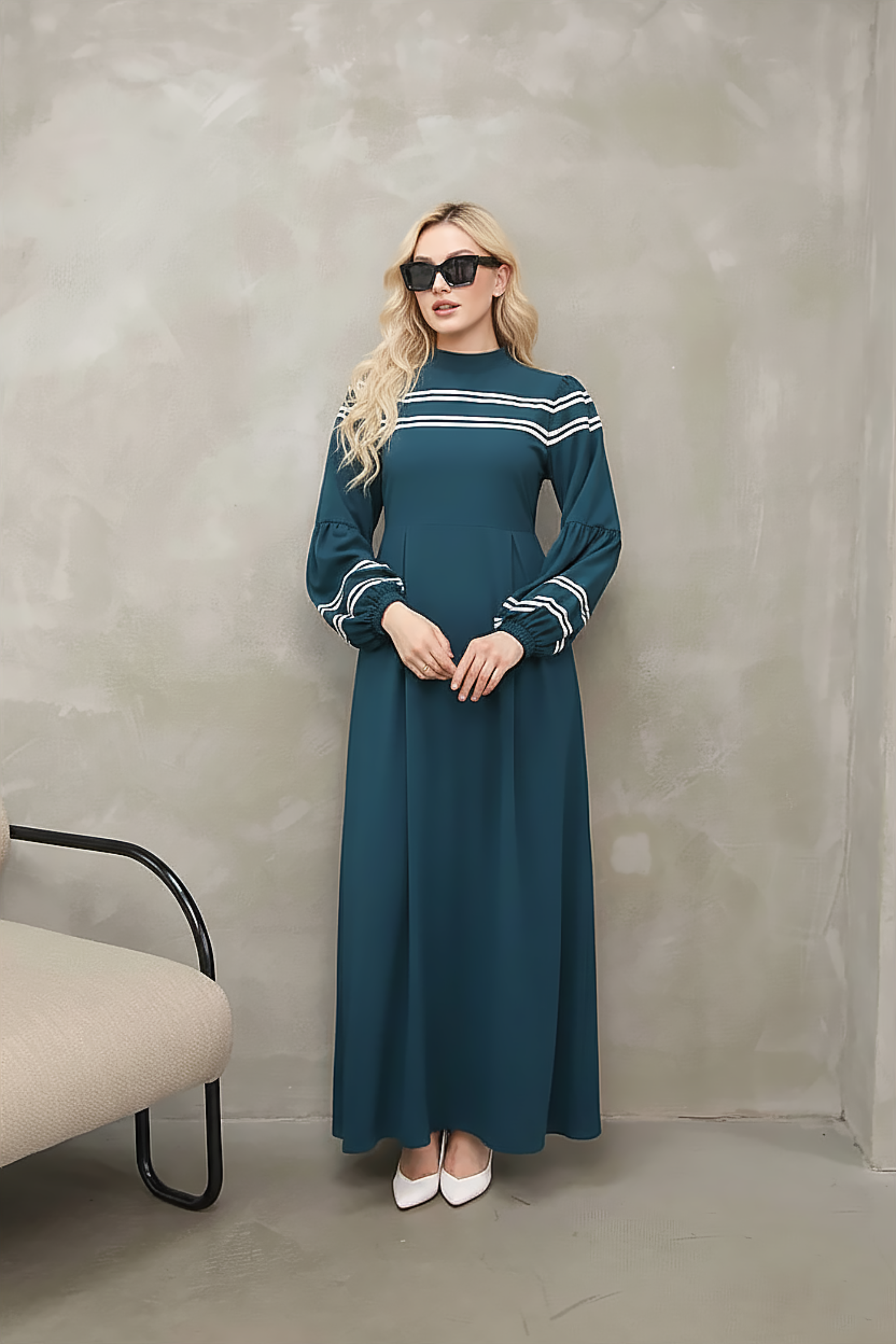Full-length navy modest maxi dress with removable self-tie waist belt