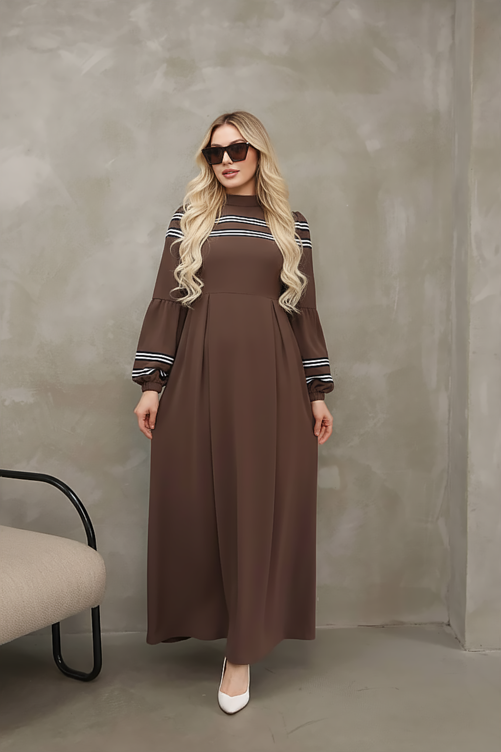 Full-length brown modest maxi dress with removable self-tie waist belt