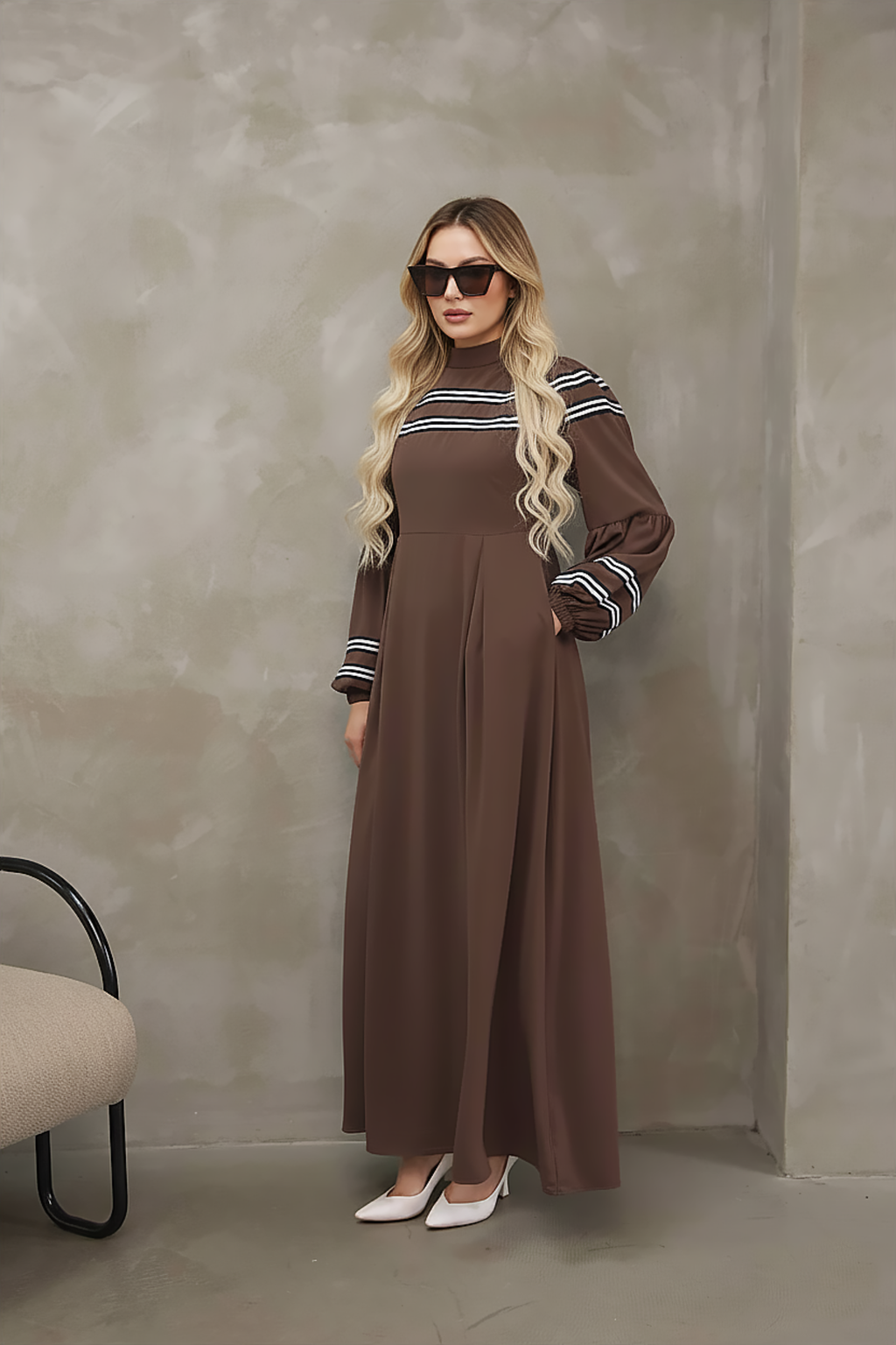 Brown striped-trim maxi dress styled for everyday and special occasions