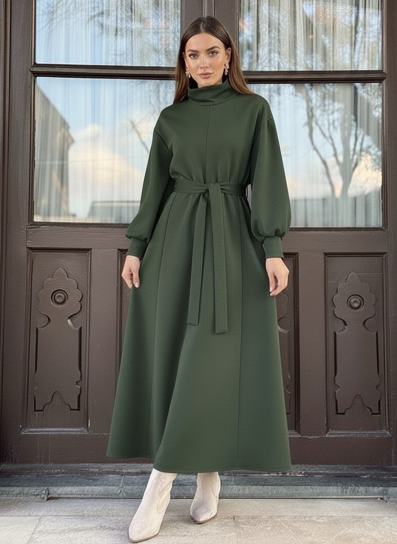 Women’s Belted High-Neck Long Winter Dress