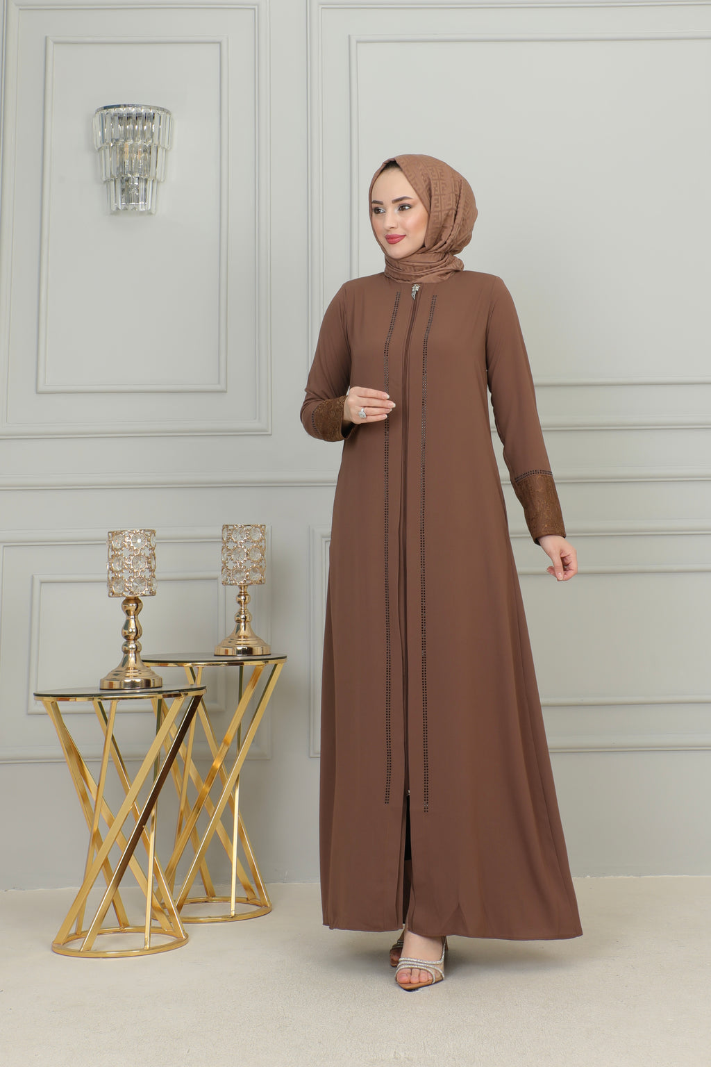 Brown Lace Cuff & Stone-Trim Zip Abaya – Turkish Modest Abaya
